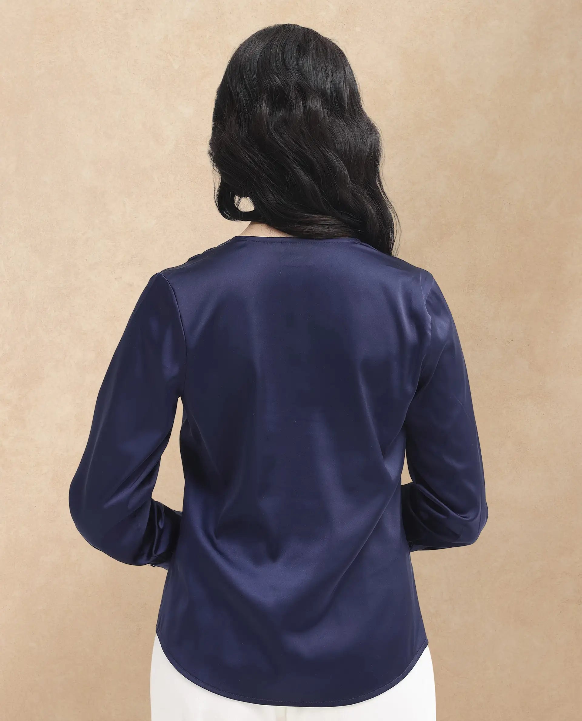 Rareism Women Yuhay Navy Polyester Fabric Regular Sleeves V-Neck Solid Regular Length Top