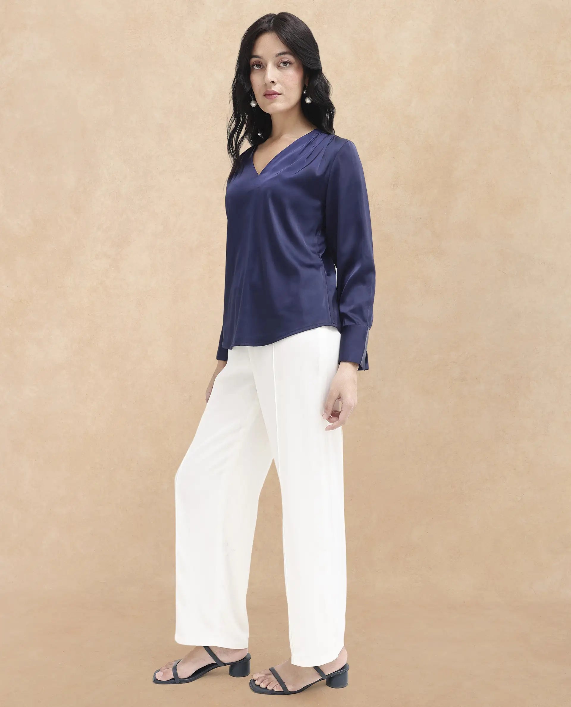 Rareism Women Yuhay Navy Polyester Fabric Regular Sleeves V-Neck Solid Regular Length Top