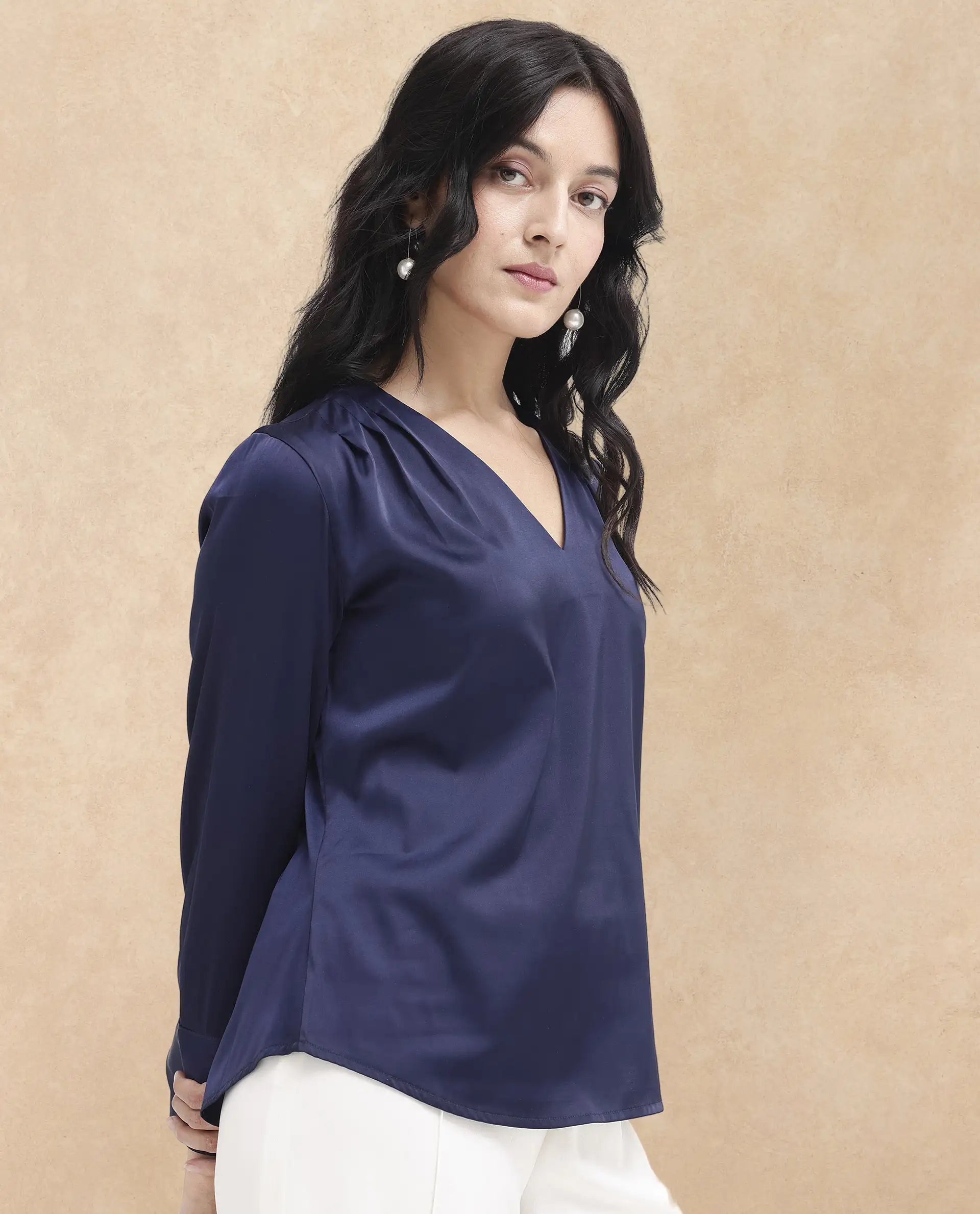 Rareism Women Yuhay Navy Polyester Fabric Regular Sleeves V-Neck Solid Regular Length Top