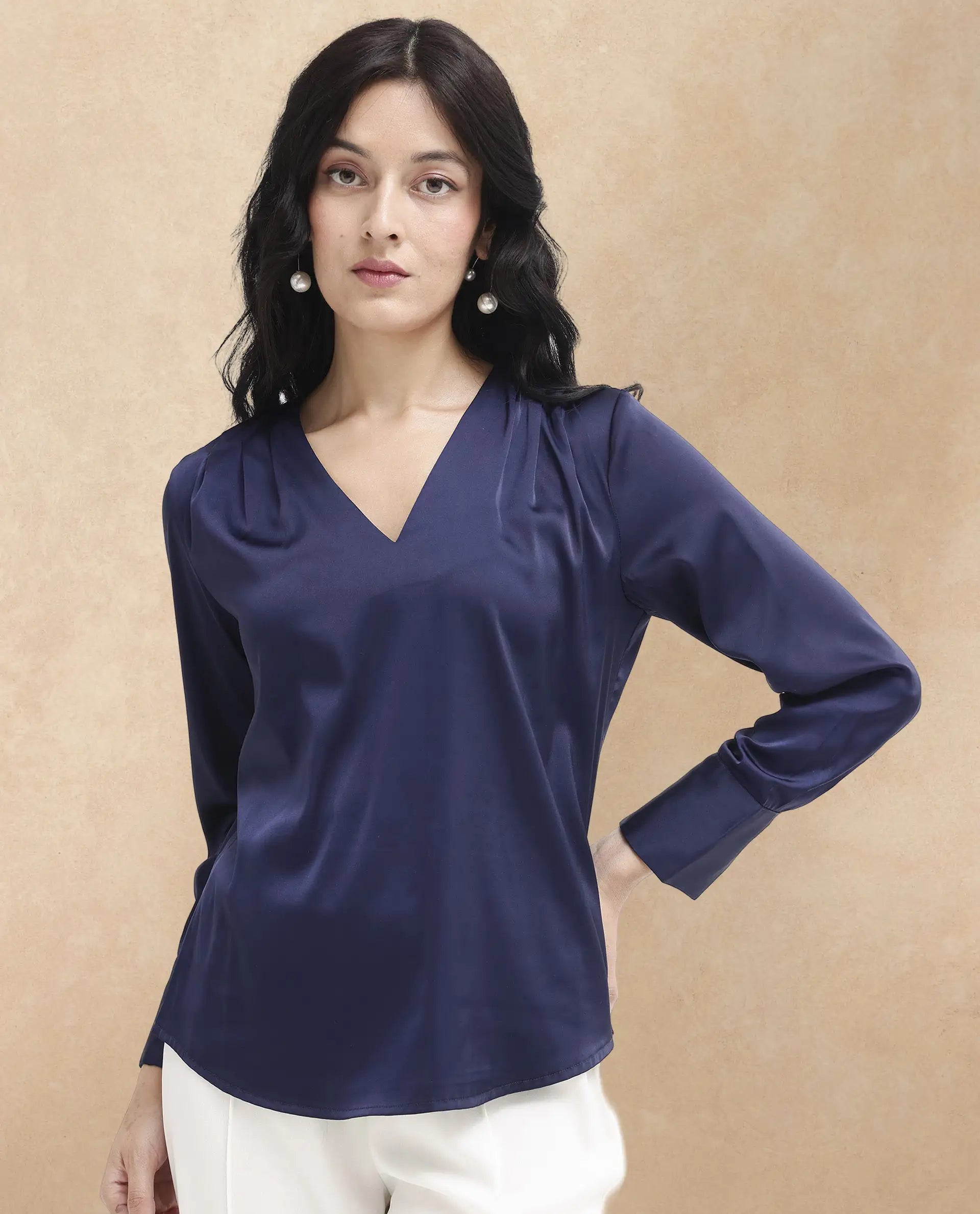 Rareism Women Yuhay Navy Polyester Fabric Regular Sleeves V-Neck Solid Regular Length Top