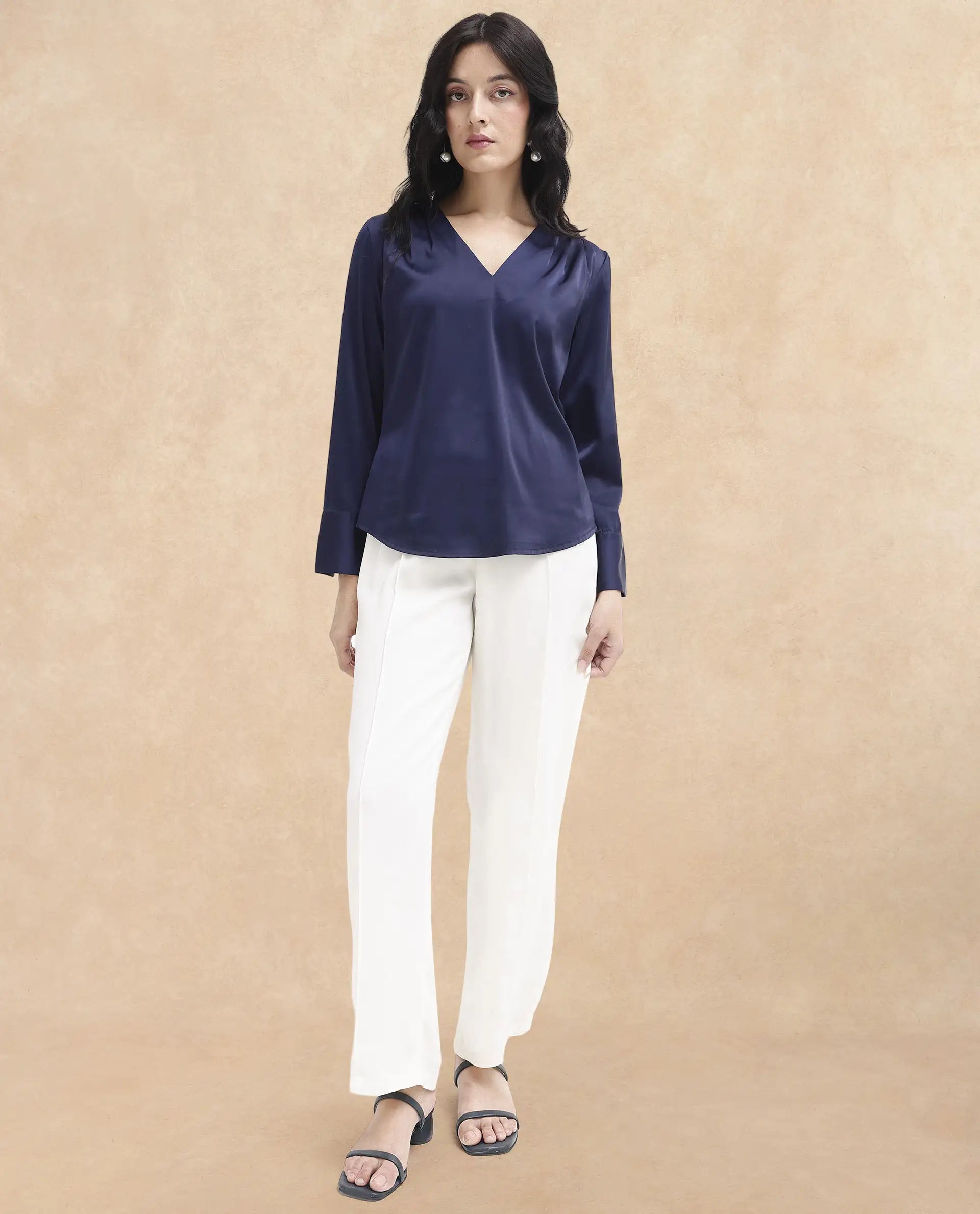 Rareism Women Yuhay Navy Polyester Fabric Regular Sleeves V-Neck Solid Regular Length Top