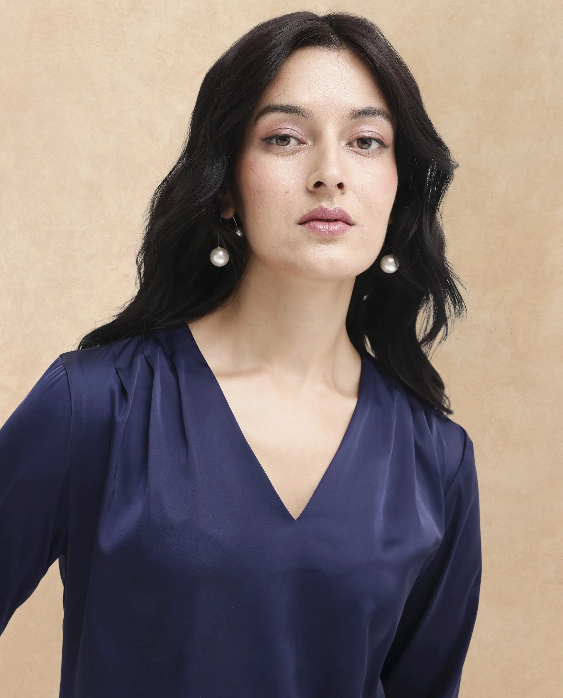 Rareism Women Yuhay Navy Polyester Fabric Regular Sleeves V-Neck Solid Regular Length Top