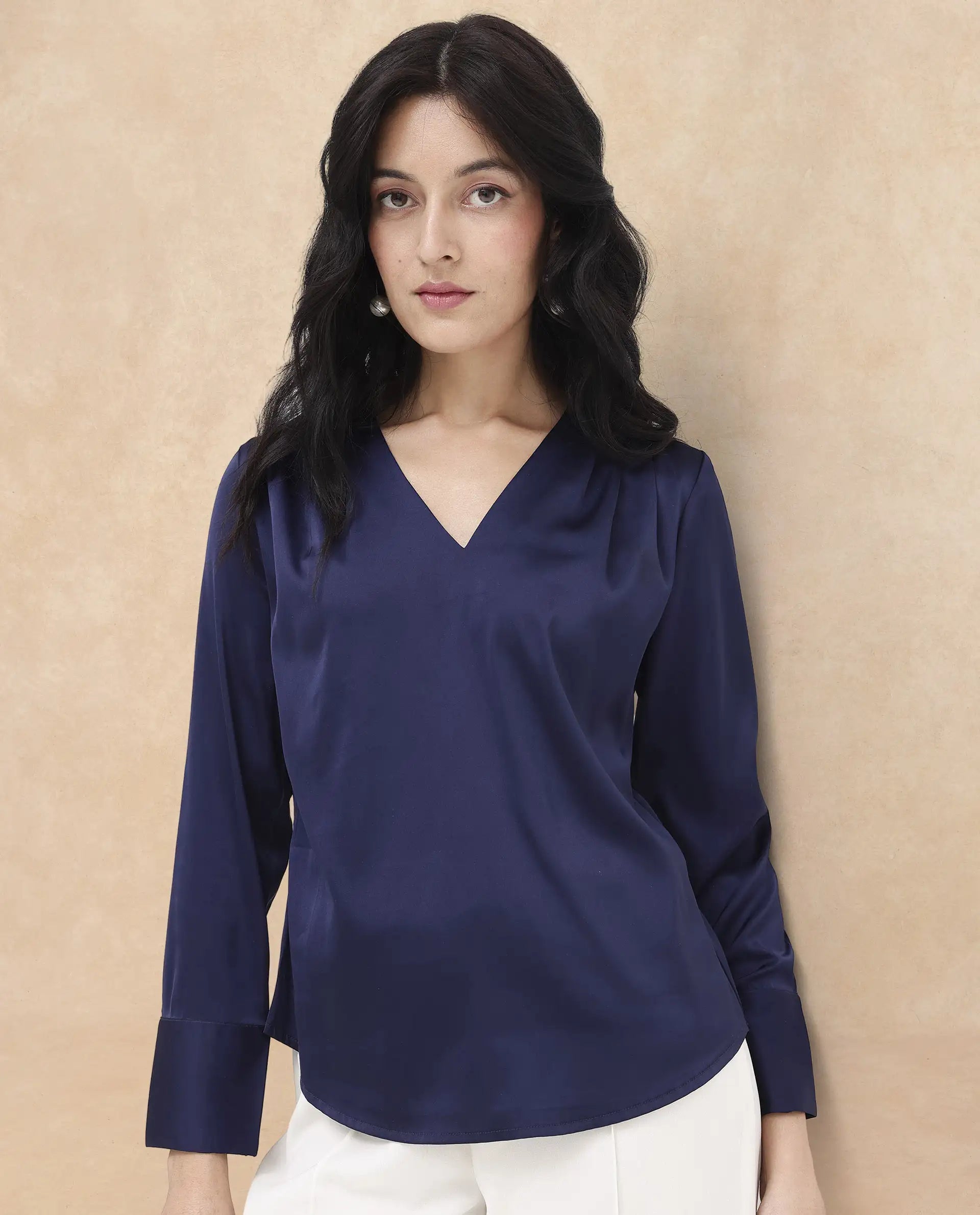 Rareism Women Yuhay Navy Polyester Fabric Regular Sleeves V-Neck Solid Regular Length Top