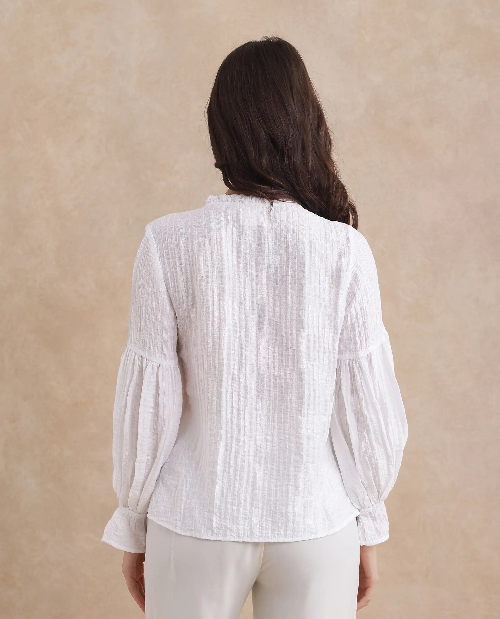 Rareism Women Zafia White Nylon Blend Fabric Lantern Sleeve V-Neck Button Closure Plain Top