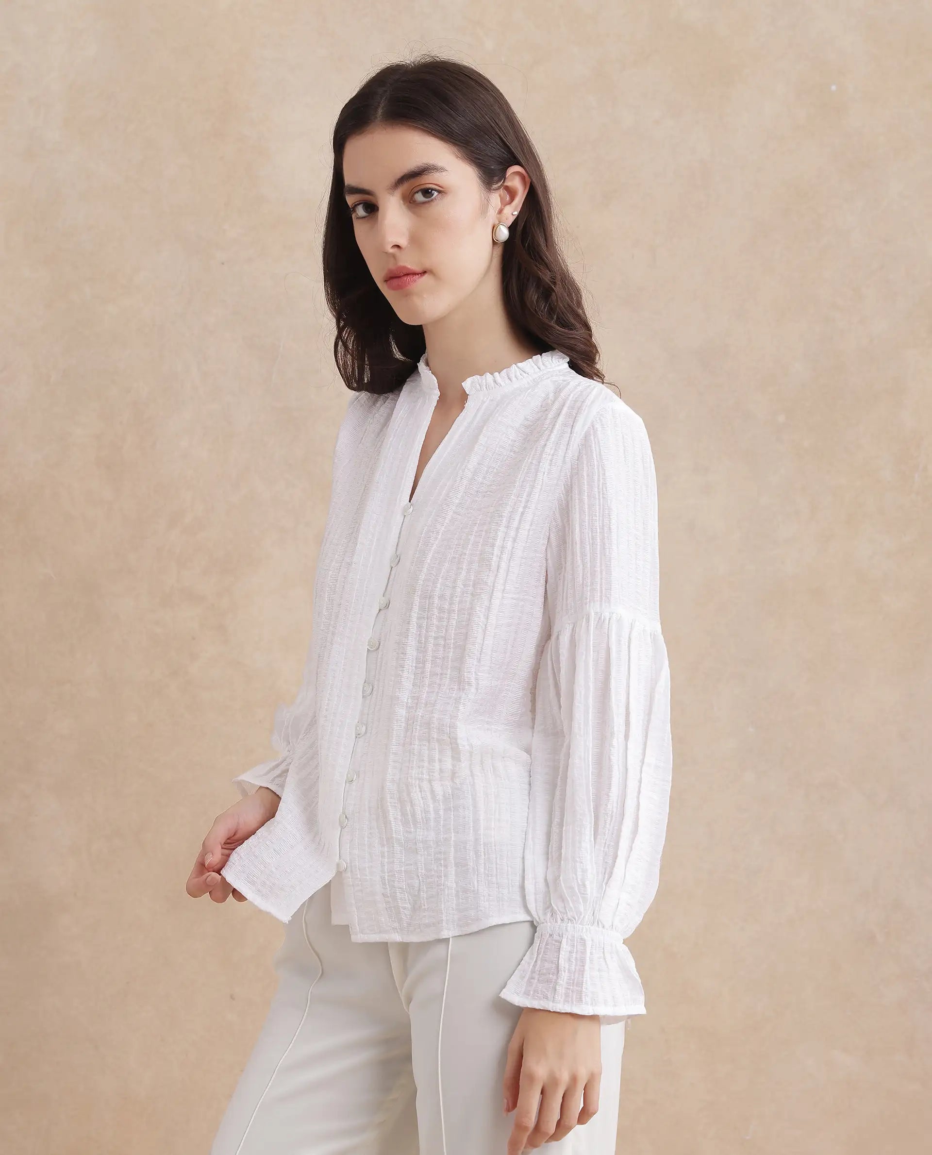 Rareism Women Zafia White Nylon Blend Fabric Lantern Sleeve V-Neck Button Closure Plain Top