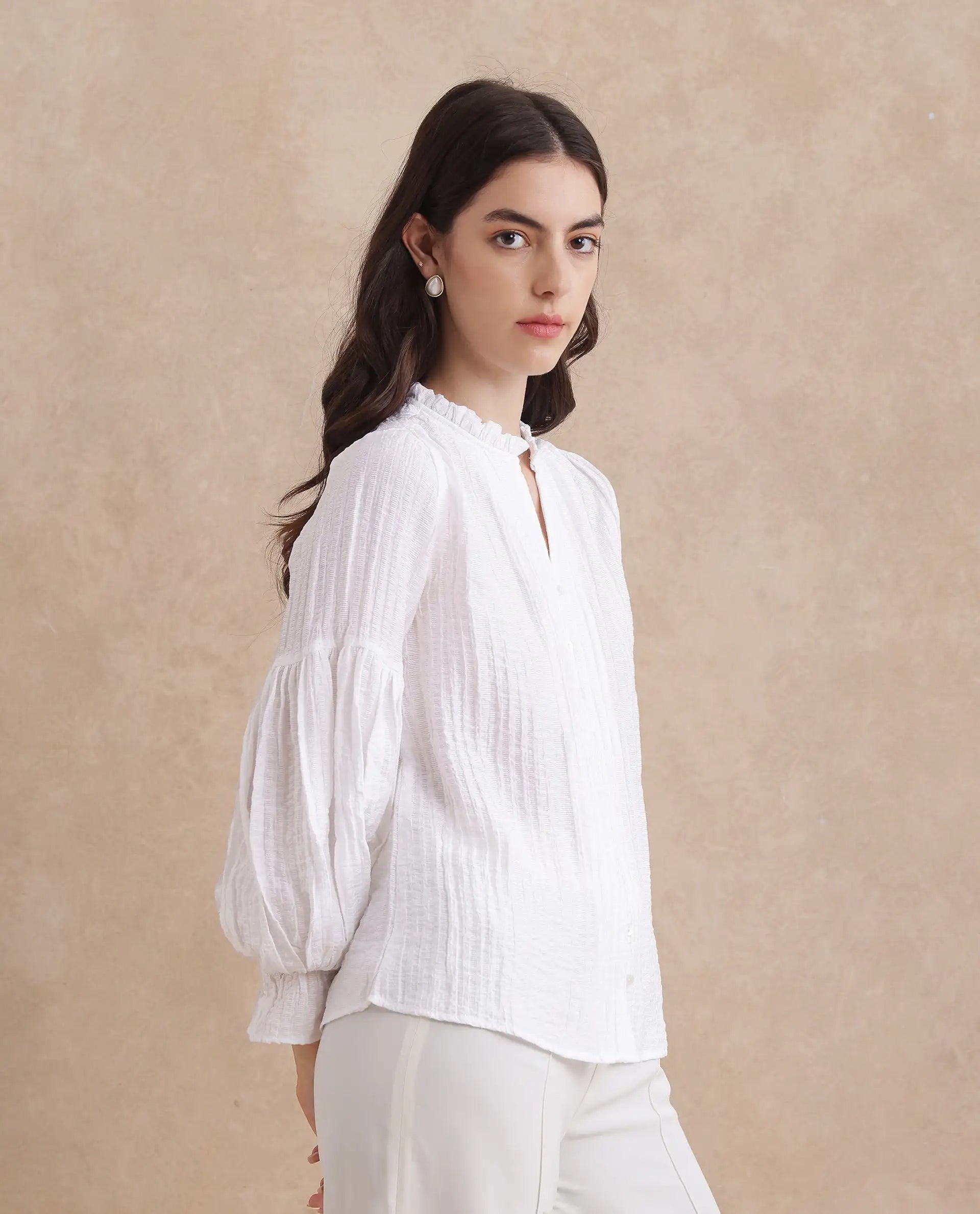 Rareism Women Zafia White Nylon Blend Fabric Lantern Sleeve V-Neck Button Closure Plain Top