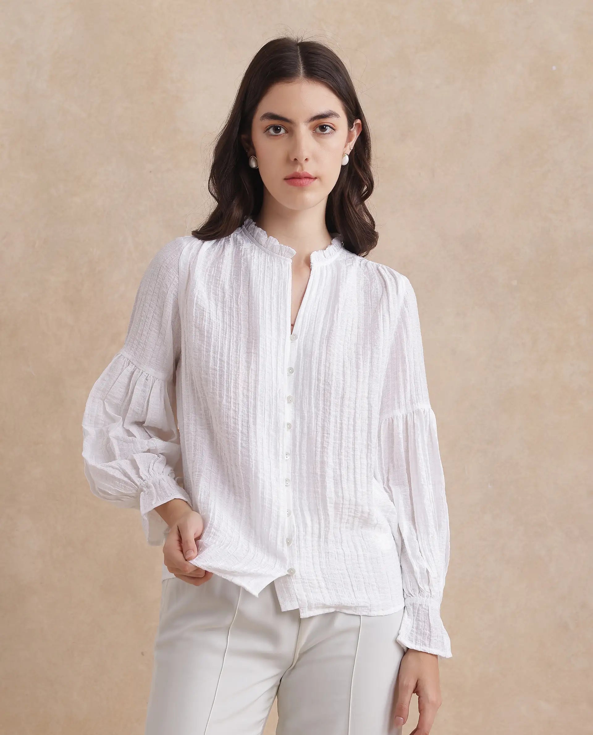 Rareism Women Zafia White Nylon Blend Fabric Lantern Sleeve V-Neck Button Closure Plain Top