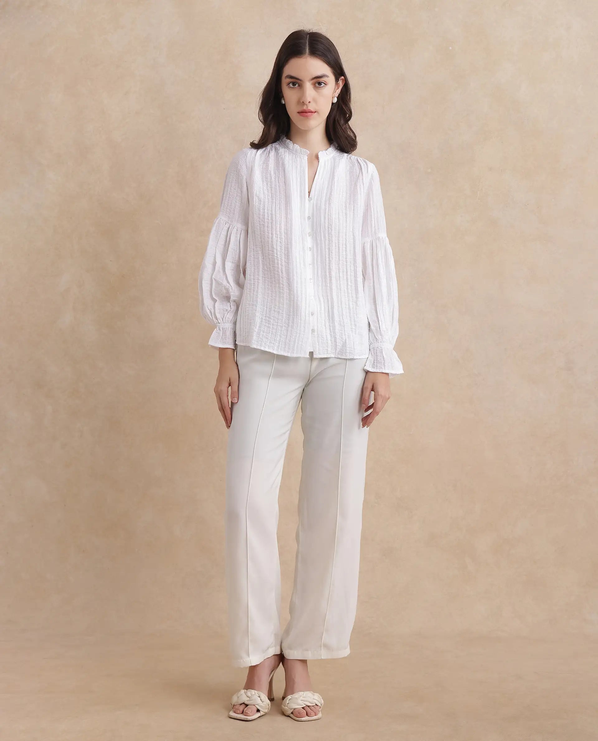 Rareism Women Zafia White Nylon Blend Fabric Lantern Sleeve V-Neck Button Closure Plain Top