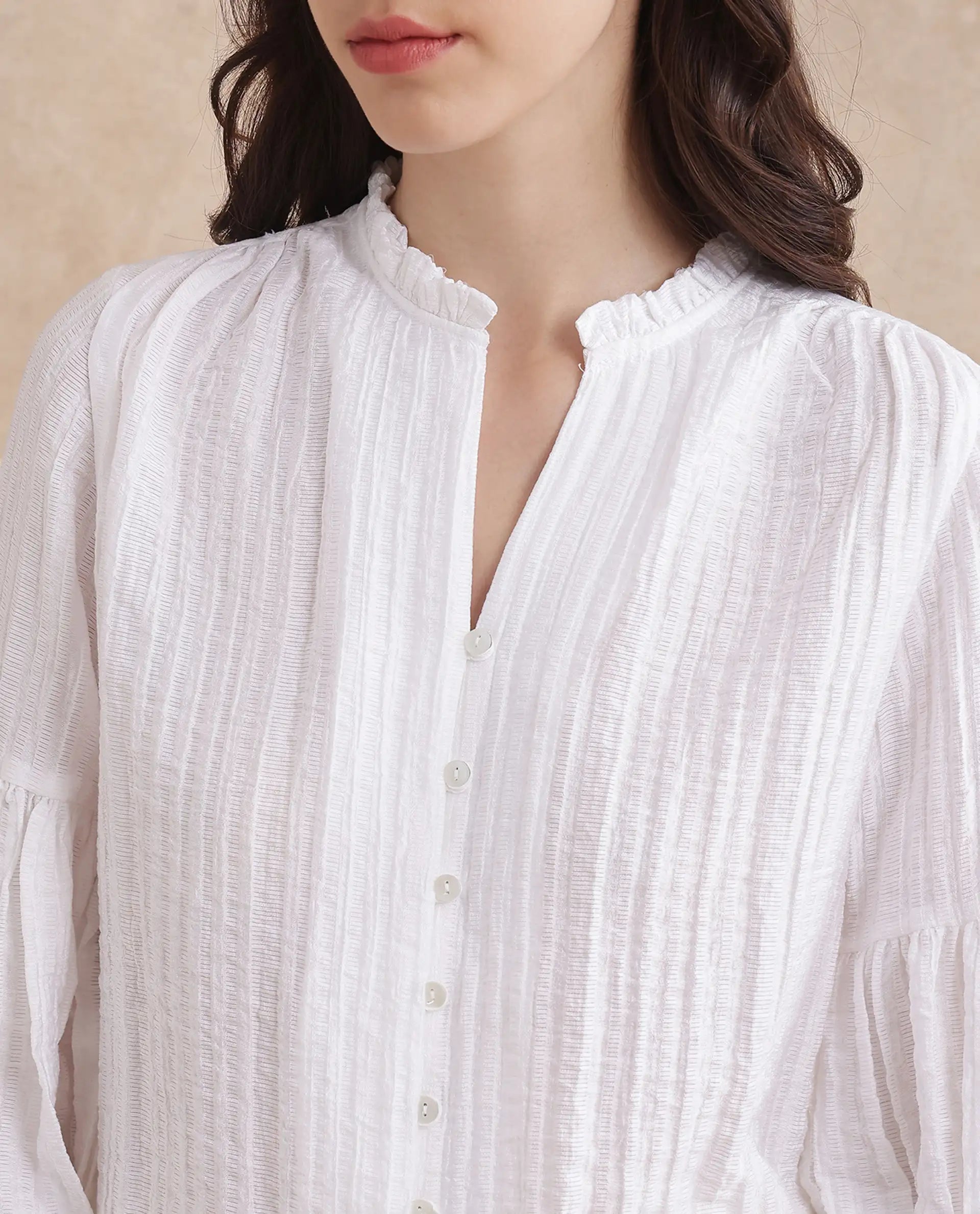 Rareism Women Zafia White Nylon Blend Fabric Lantern Sleeve V-Neck Button Closure Plain Top