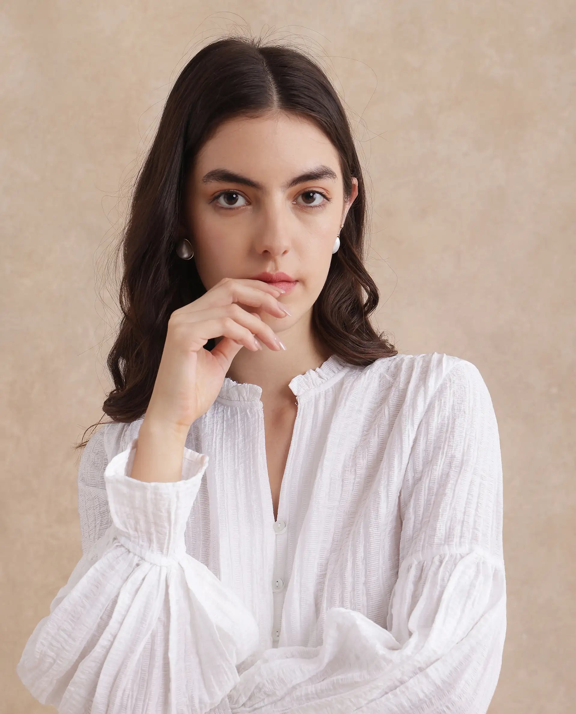 Rareism Women Zafia White Nylon Blend Fabric Lantern Sleeve V-Neck Button Closure Plain Top