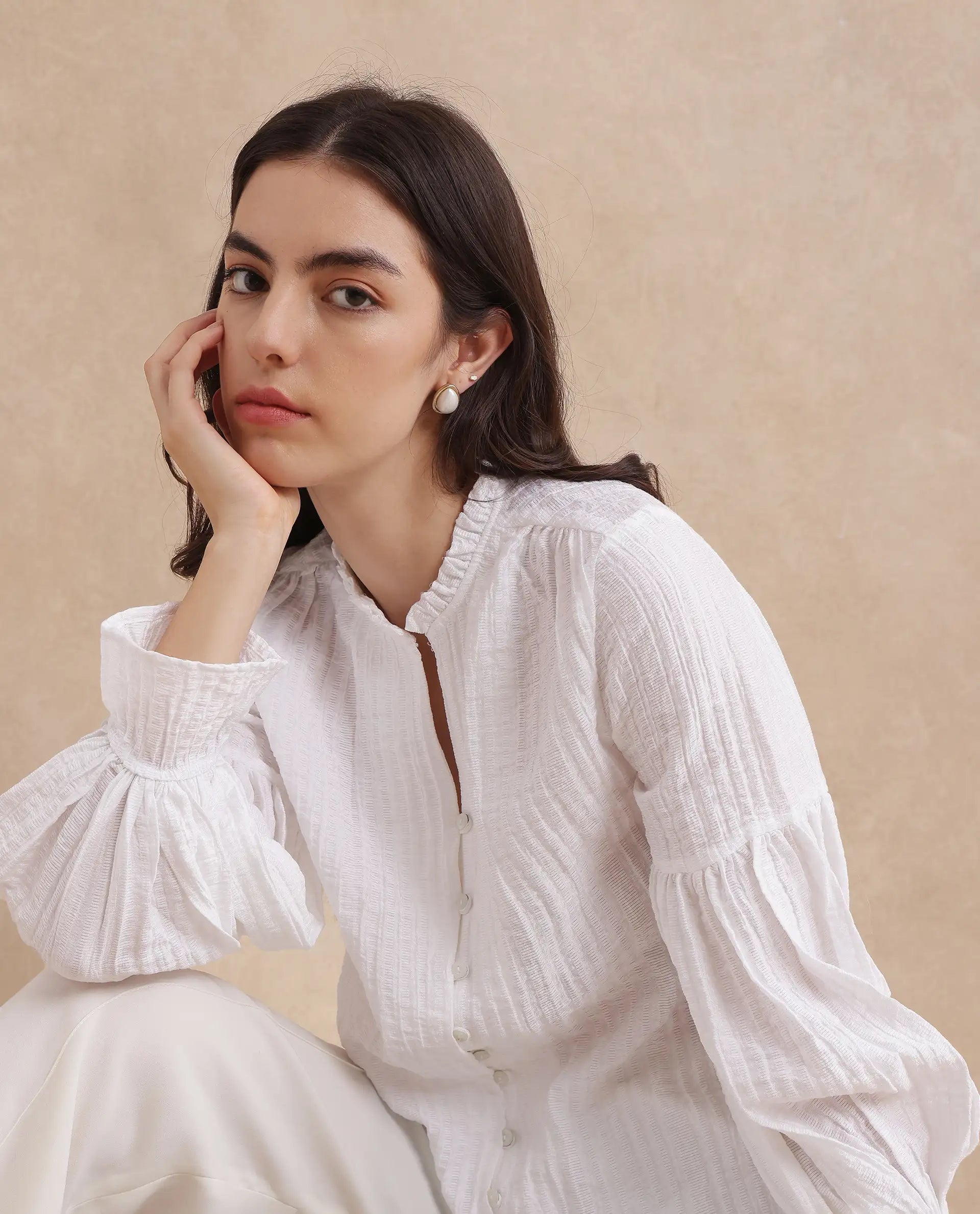 Rareism Women Zafia White Nylon Blend Fabric Lantern Sleeve V-Neck Button Closure Plain Top