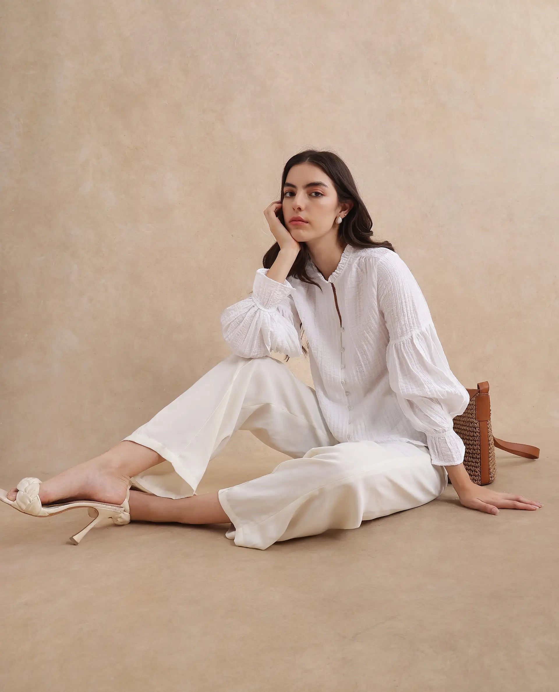 Rareism Women Zafia White Nylon Blend Fabric Lantern Sleeve V-Neck Button Closure Plain Top