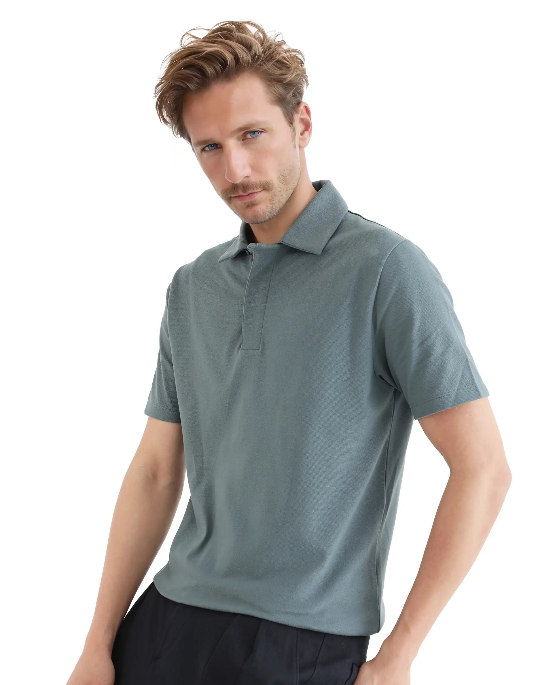 Rare Rabbit Men Zeni Dusky Green Cotton Lycra Fabric Short Sleeve Regular Collared Button Closure Plain Polo