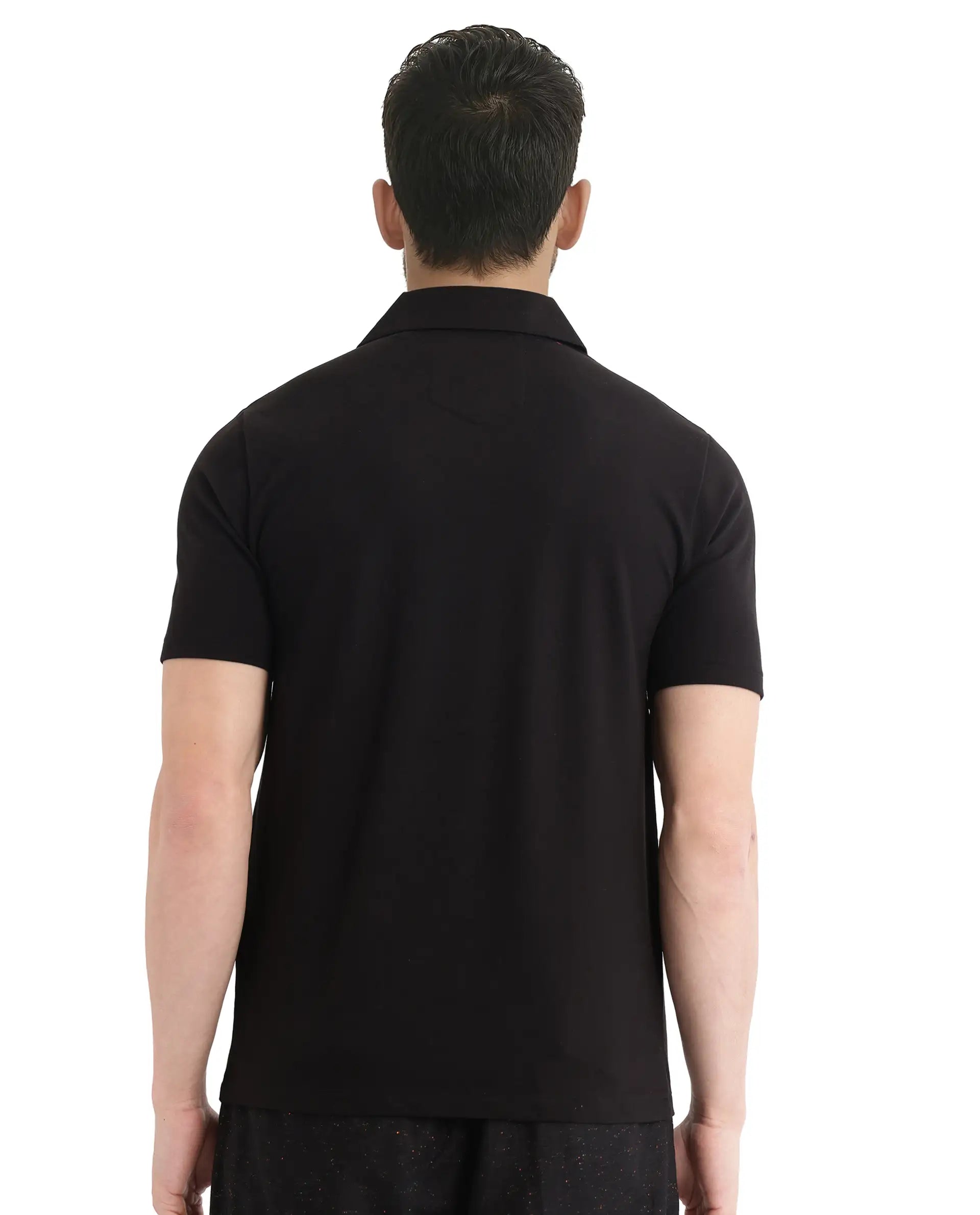 Rare Rabbit Men Zeni Black Cotton Lycra Fabric Short Sleeve Regular Collared Button Closure Plain Polo