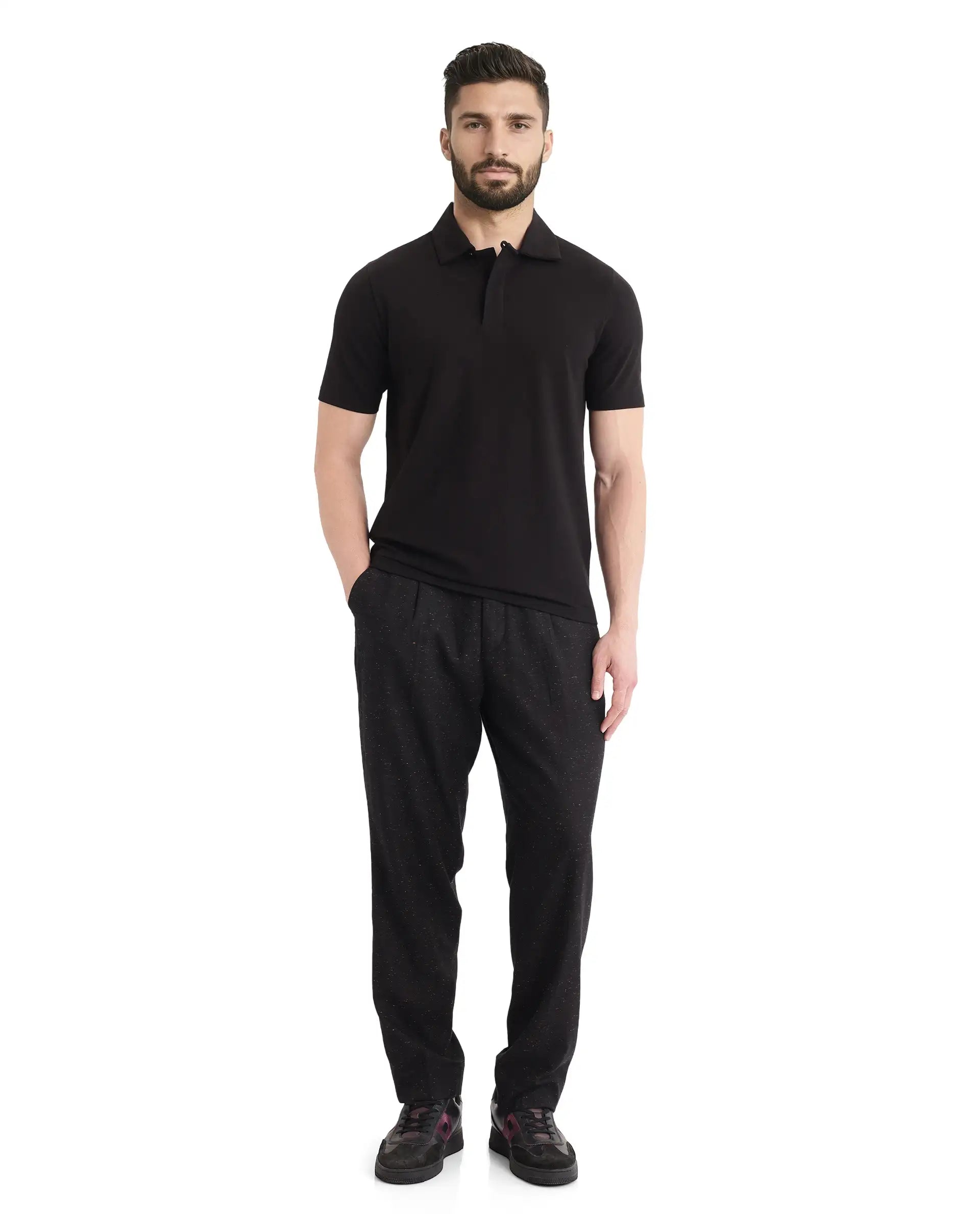 Rare Rabbit Men Zeni Black Cotton Lycra Fabric Short Sleeve Regular Collared Button Closure Plain Polo
