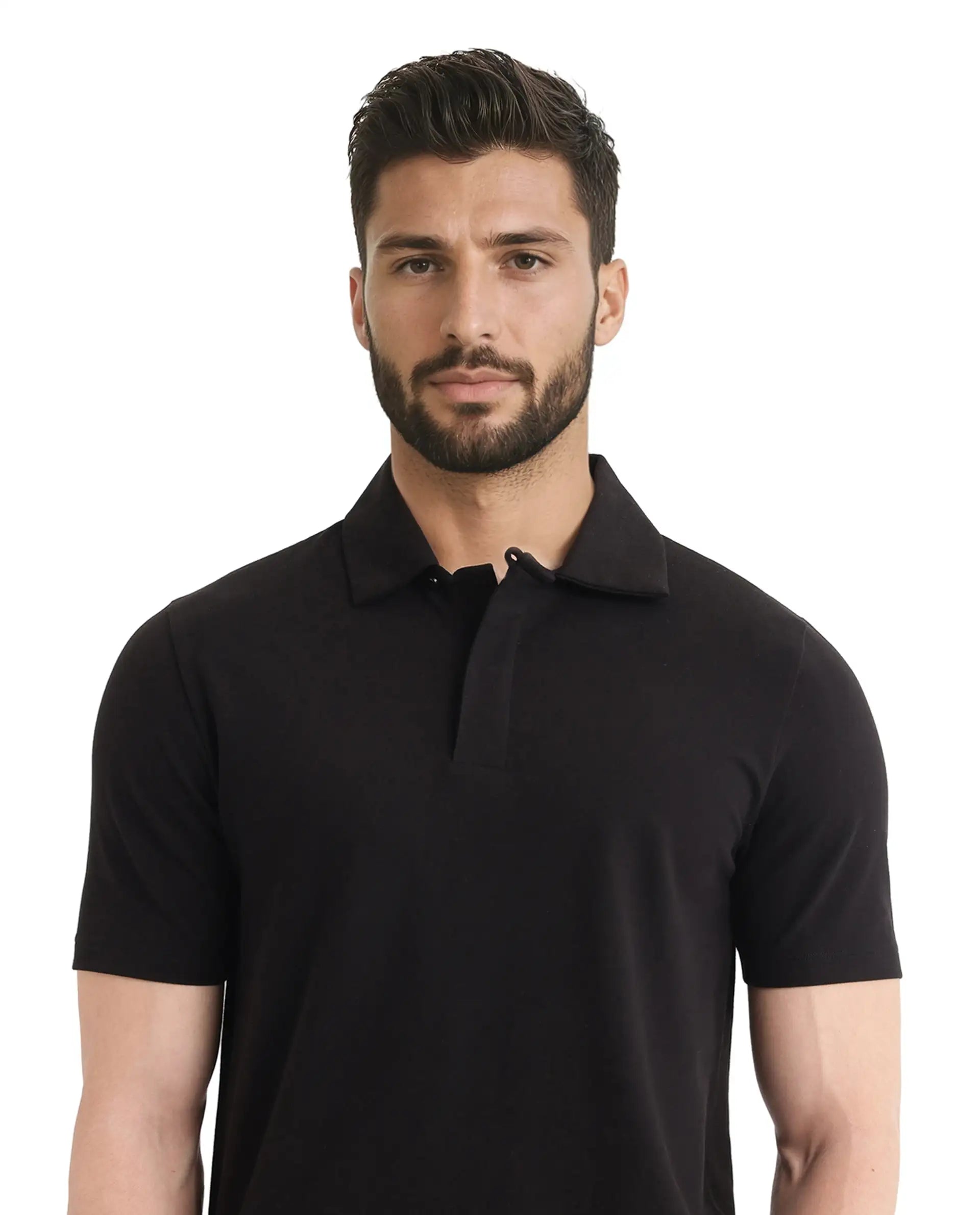 Rare Rabbit Men Zeni Black Cotton Lycra Fabric Short Sleeve Regular Collared Button Closure Plain Polo