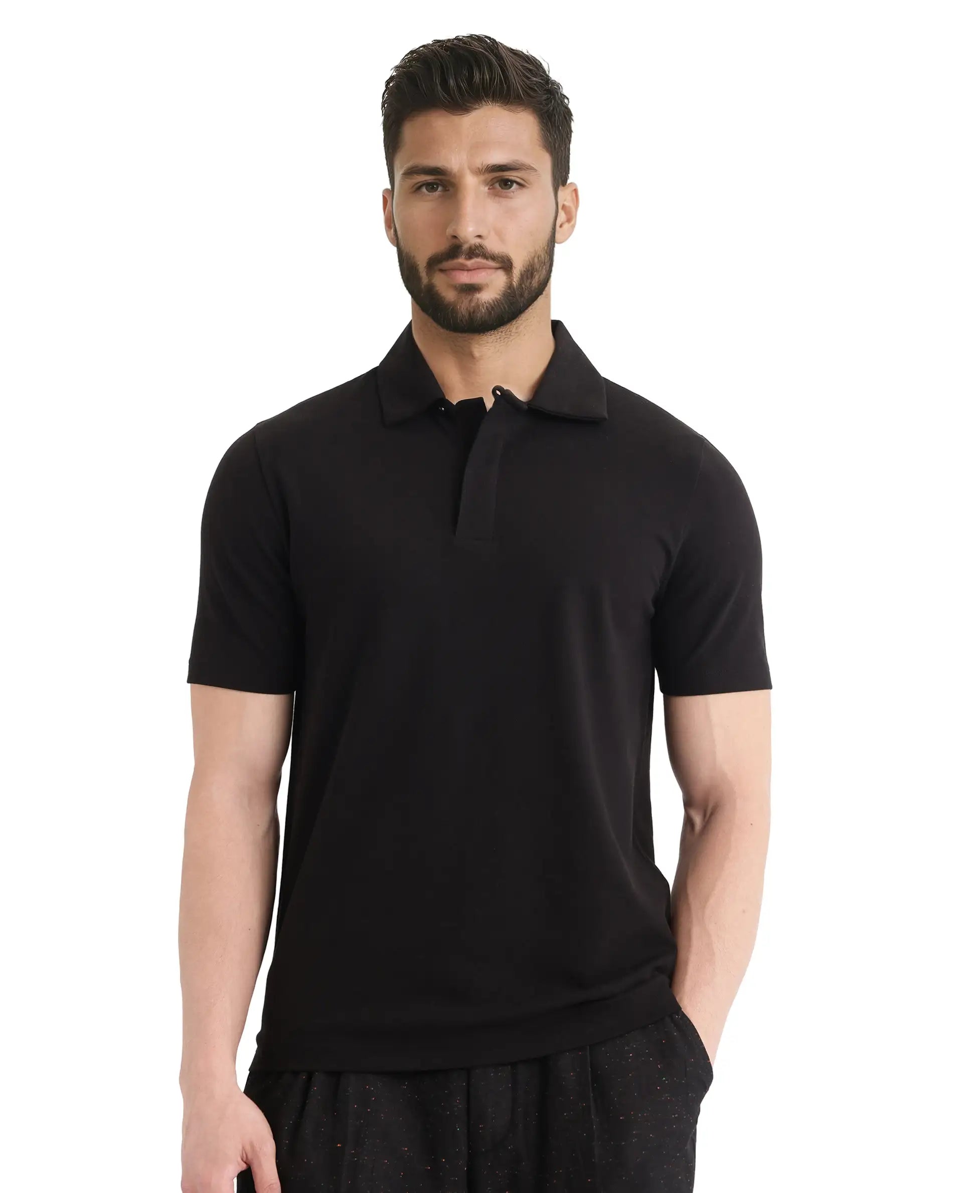 Rare Rabbit Men Zeni Black Cotton Lycra Fabric Short Sleeve Regular Collared Button Closure Plain Polo