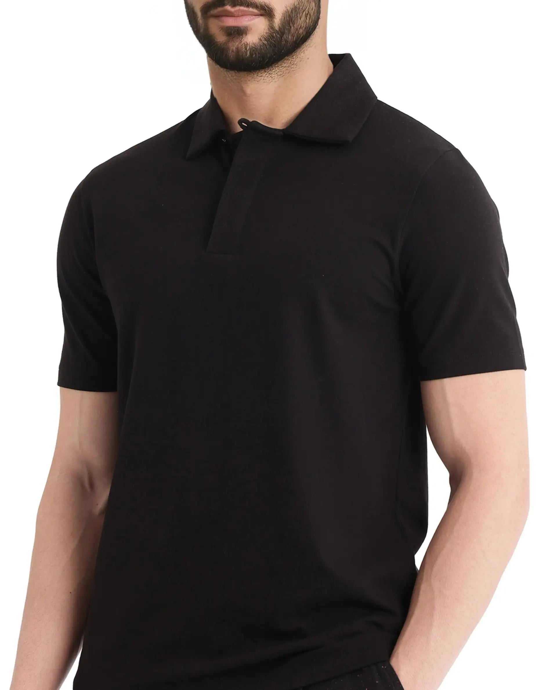 Rare Rabbit Men Zeni Black Cotton Lycra Fabric Short Sleeve Regular Collared Button Closure Plain Polo