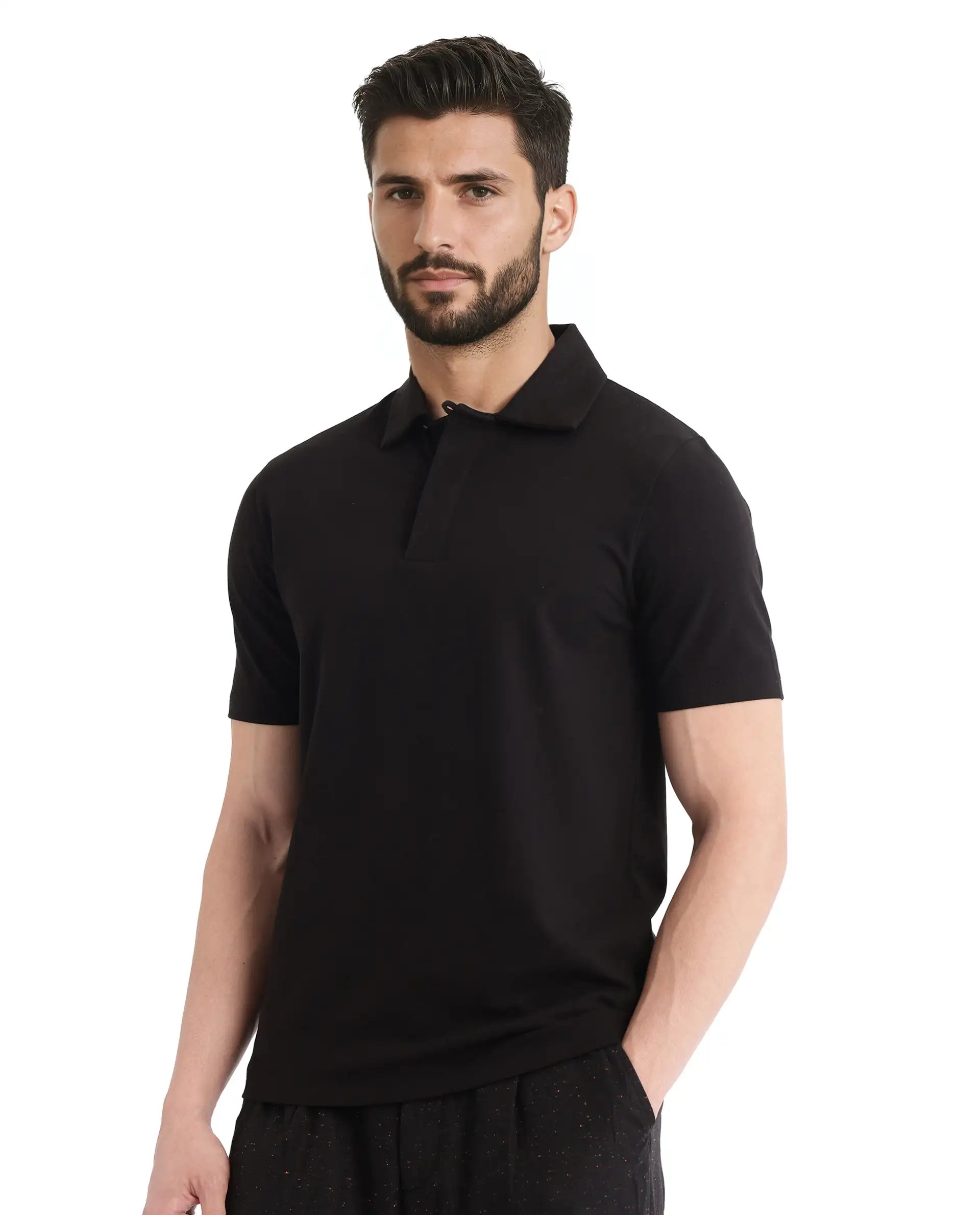 Rare Rabbit Men Zeni Black Cotton Lycra Fabric Short Sleeve Regular Collared Button Closure Plain Polo