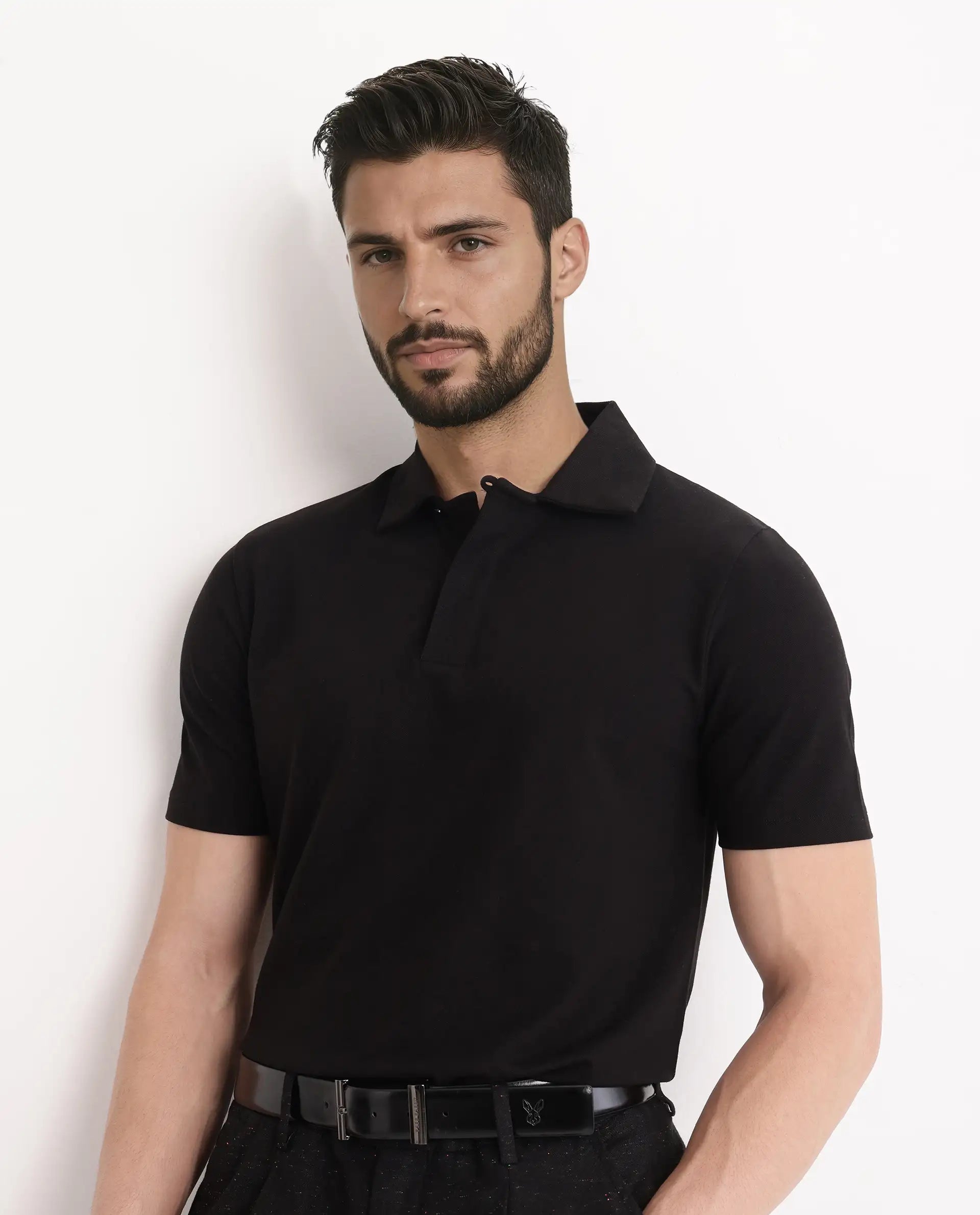 Rare Rabbit Men Zeni Black Cotton Lycra Fabric Short Sleeve Regular Collared Button Closure Plain Polo