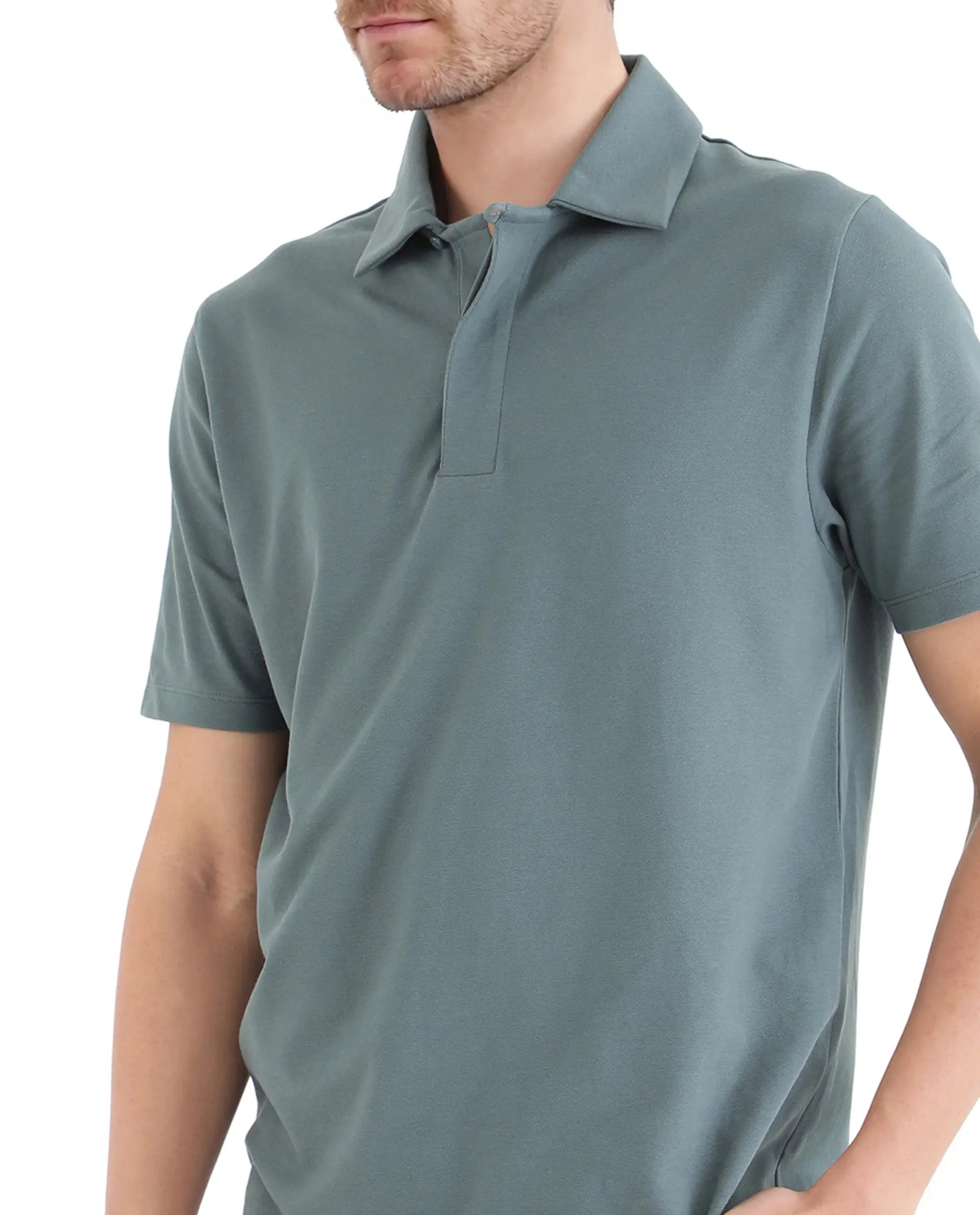 Rare Rabbit Men Zeni Dusky Green Cotton Lycra Fabric Short Sleeve Regular Collared Button Closure Plain Polo