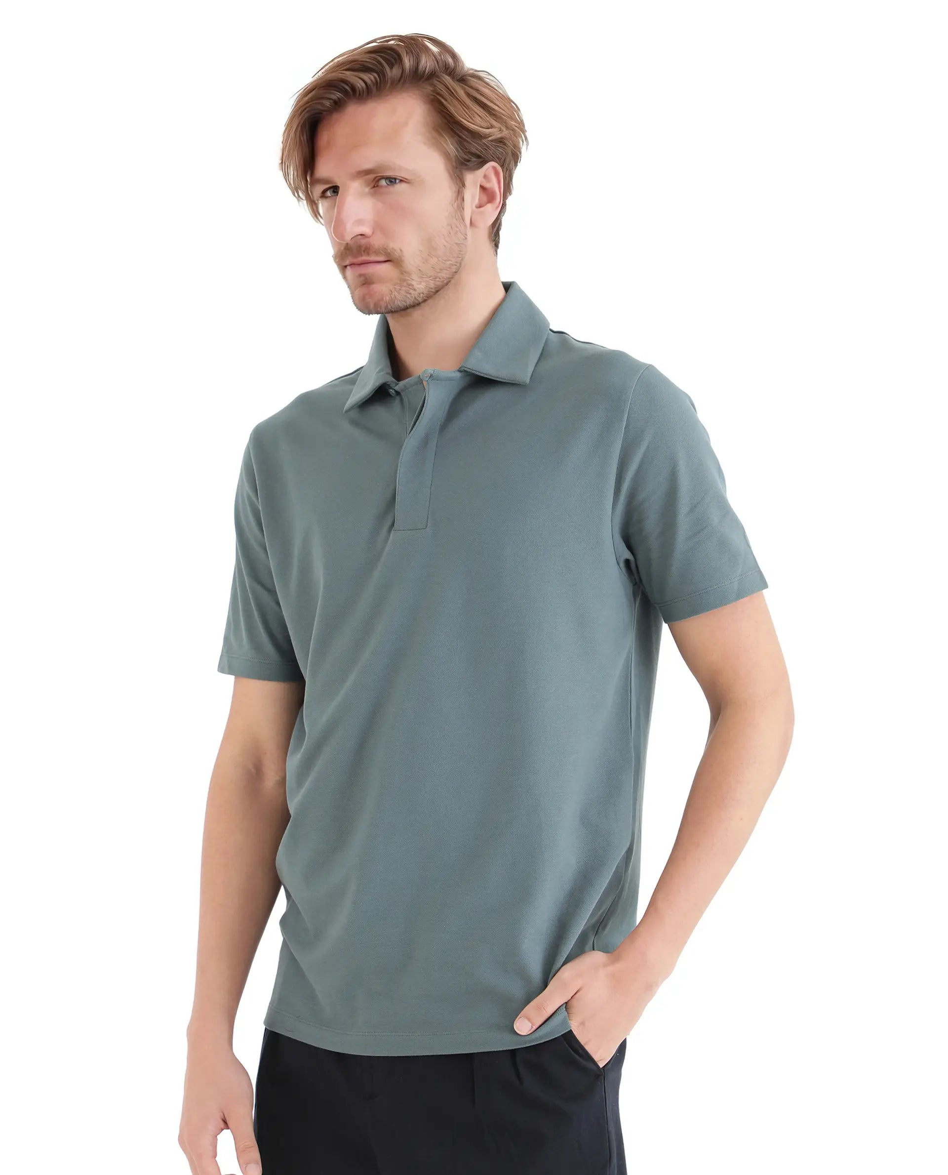 Rare Rabbit Men Zeni Dusky Green Cotton Lycra Fabric Short Sleeve Regular Collared Button Closure Plain Polo