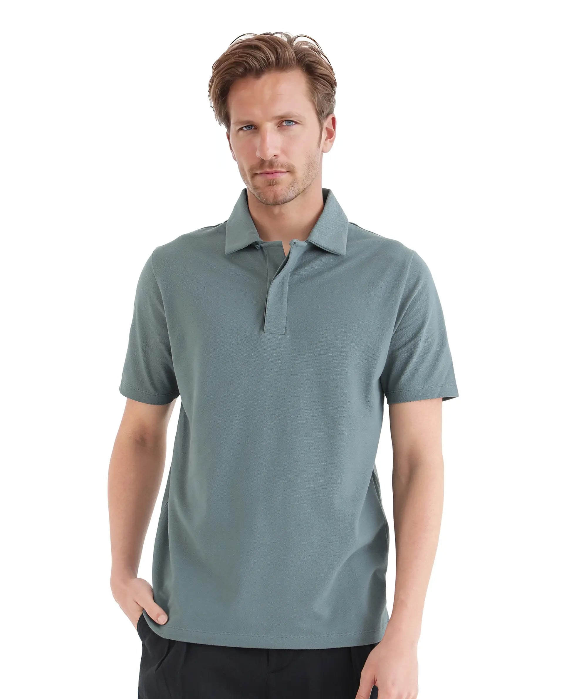 Rare Rabbit Men Zeni Dusky Green Cotton Lycra Fabric Short Sleeve Regular Collared Button Closure Plain Polo