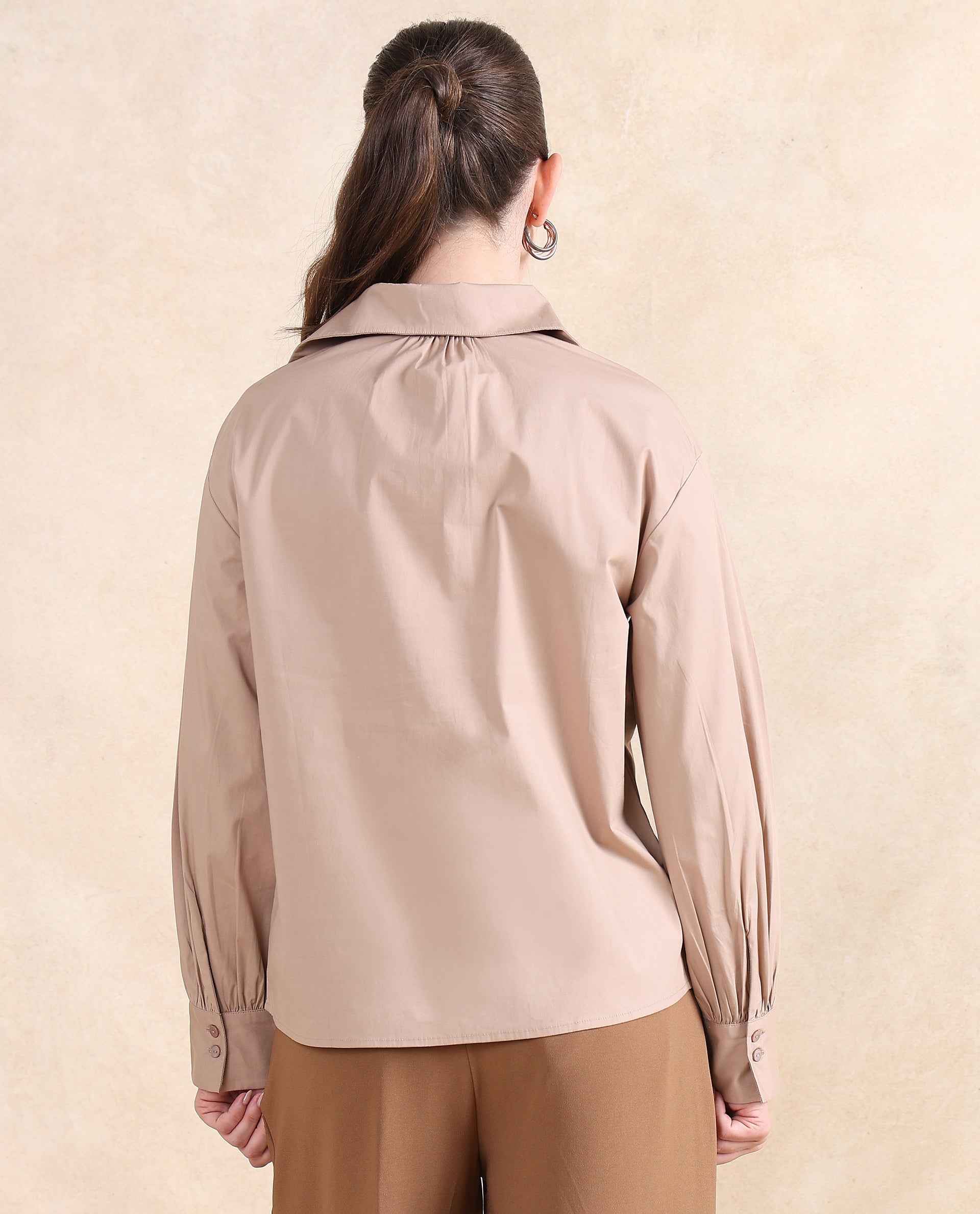 Rareism Women Zes Beige Cotton Fabric Bishop Sleeve Collared Neck Button Closure Relaxed Fit Plain Top