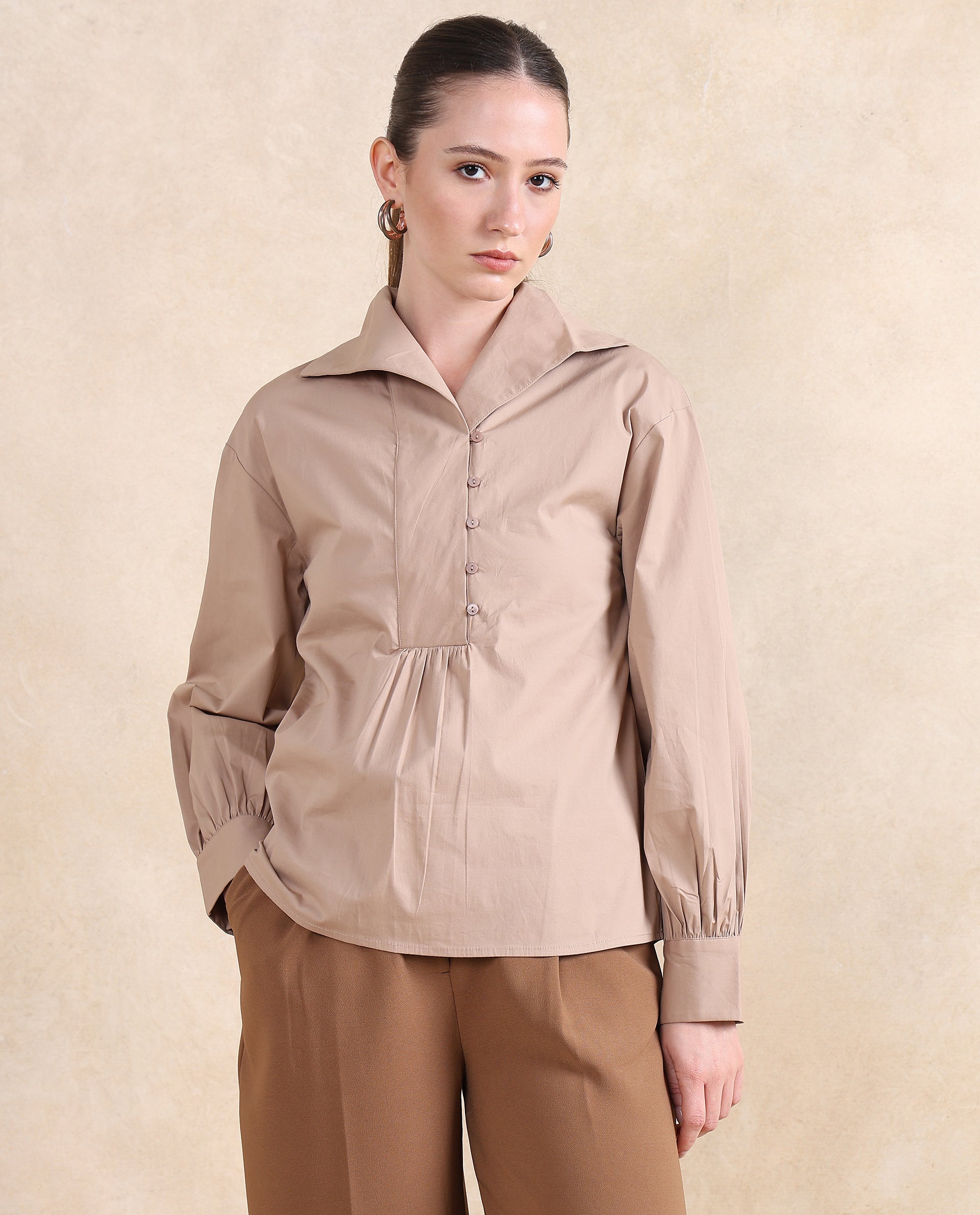 Rareism Women Zes Beige Cotton Fabric Bishop Sleeve Collared Neck Button Closure Relaxed Fit Plain Top