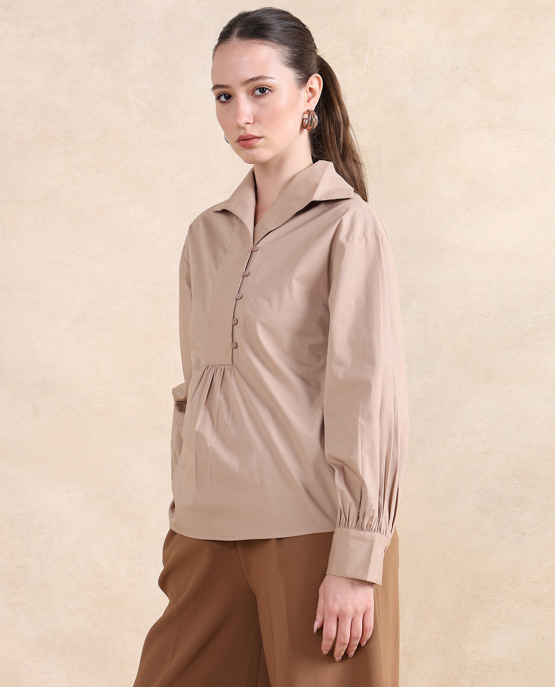 Rareism Women Zes Beige Cotton Fabric Bishop Sleeve Collared Neck Button Closure Relaxed Fit Plain Top