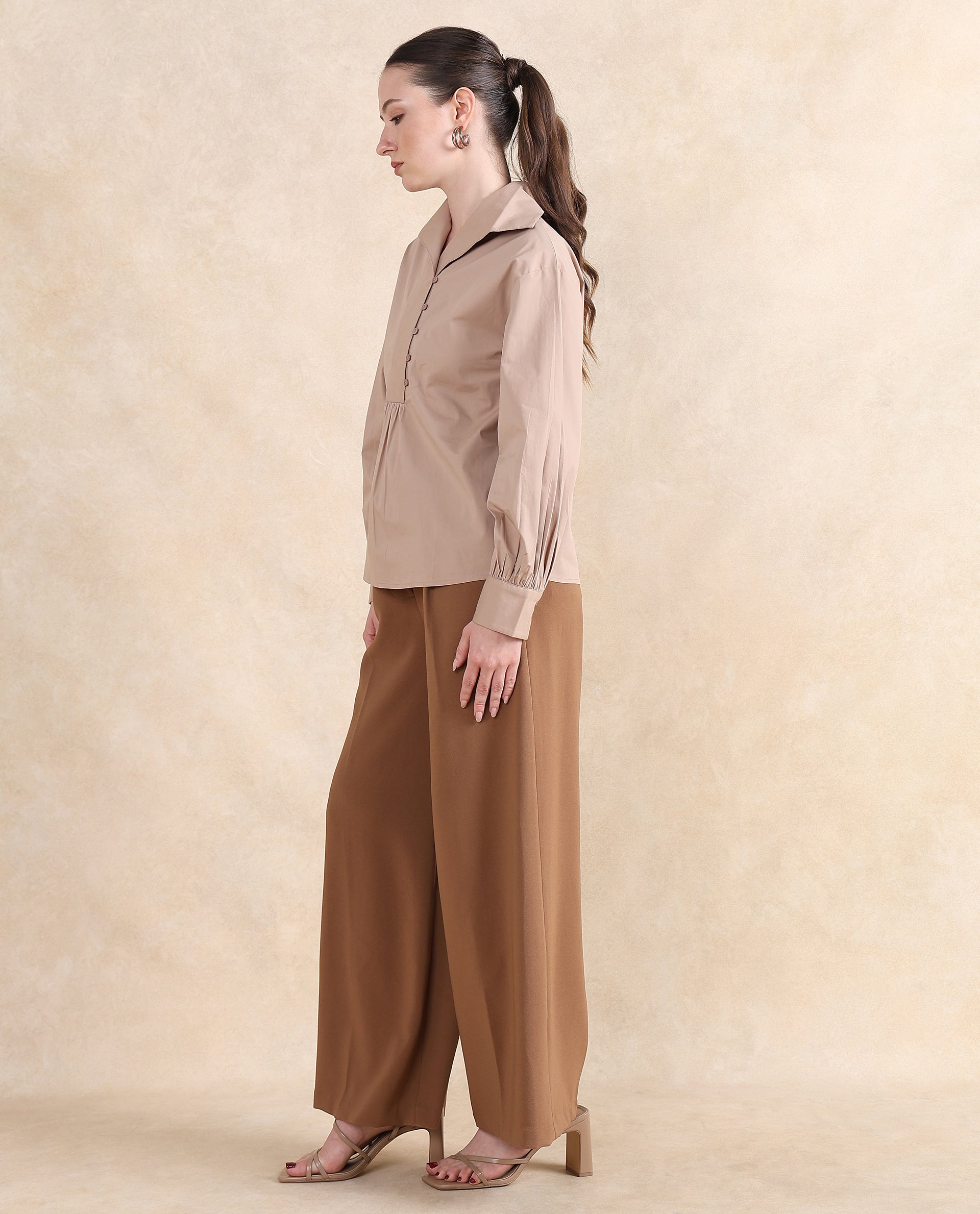 Rareism Women Zes Beige Cotton Fabric Bishop Sleeve Collared Neck Button Closure Relaxed Fit Plain Top