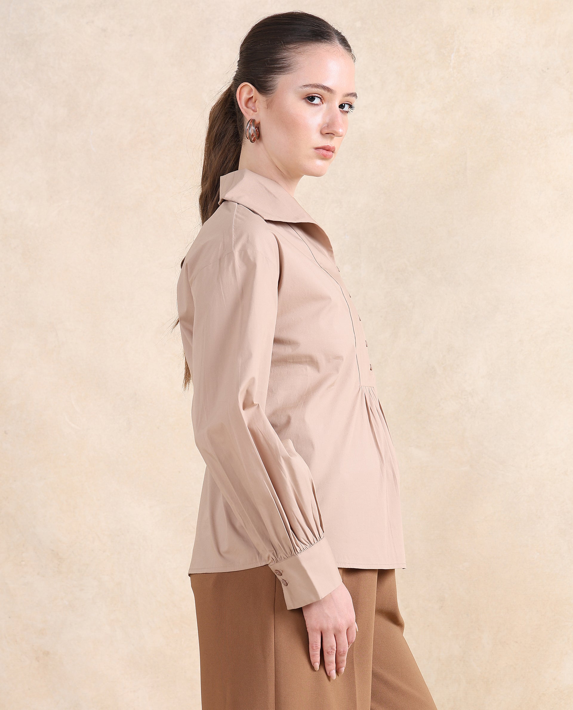 Rareism Women Zes Beige Cotton Fabric Bishop Sleeve Collared Neck Button Closure Relaxed Fit Plain Top