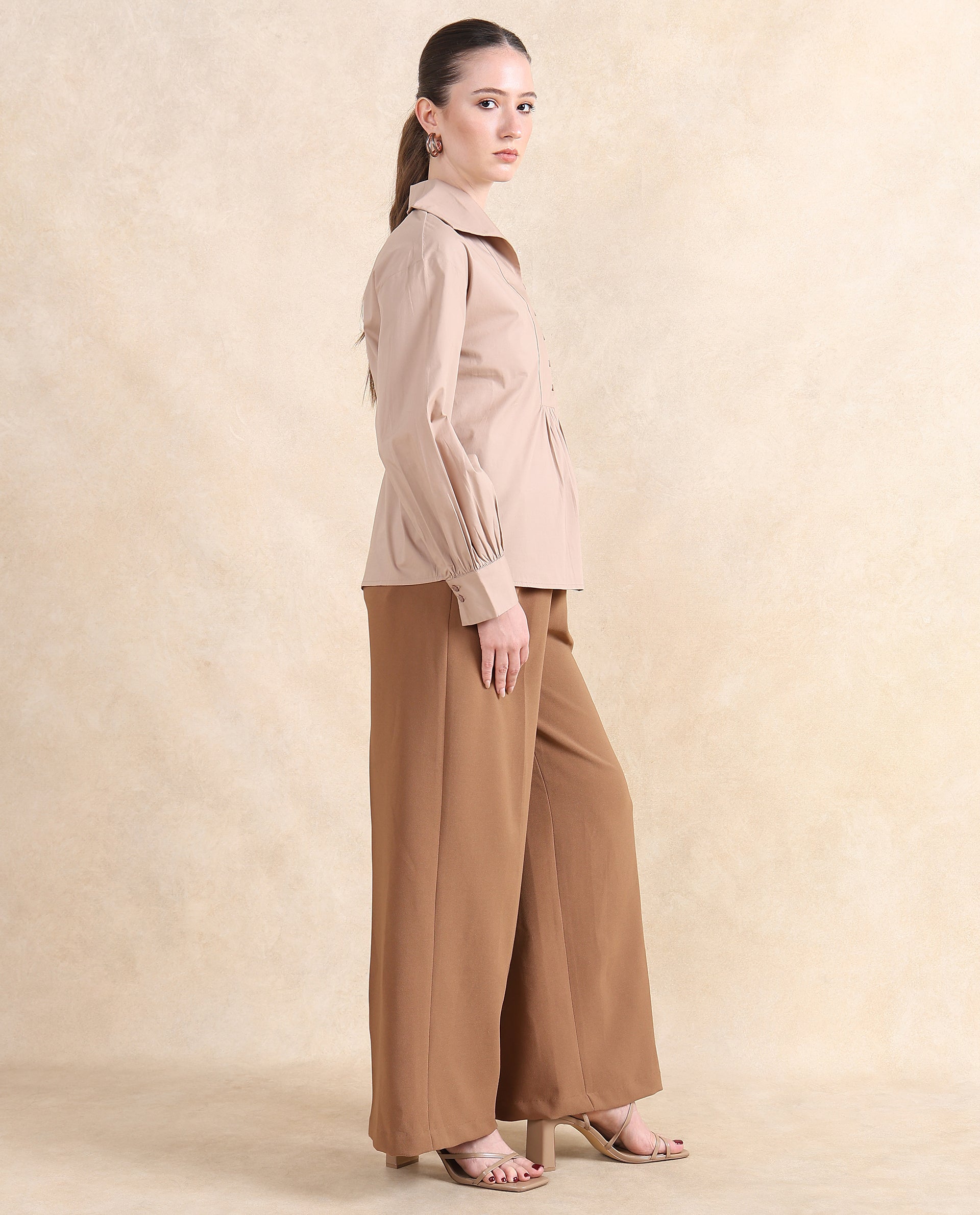 Rareism Women Zes Beige Cotton Fabric Bishop Sleeve Collared Neck Button Closure Relaxed Fit Plain Top