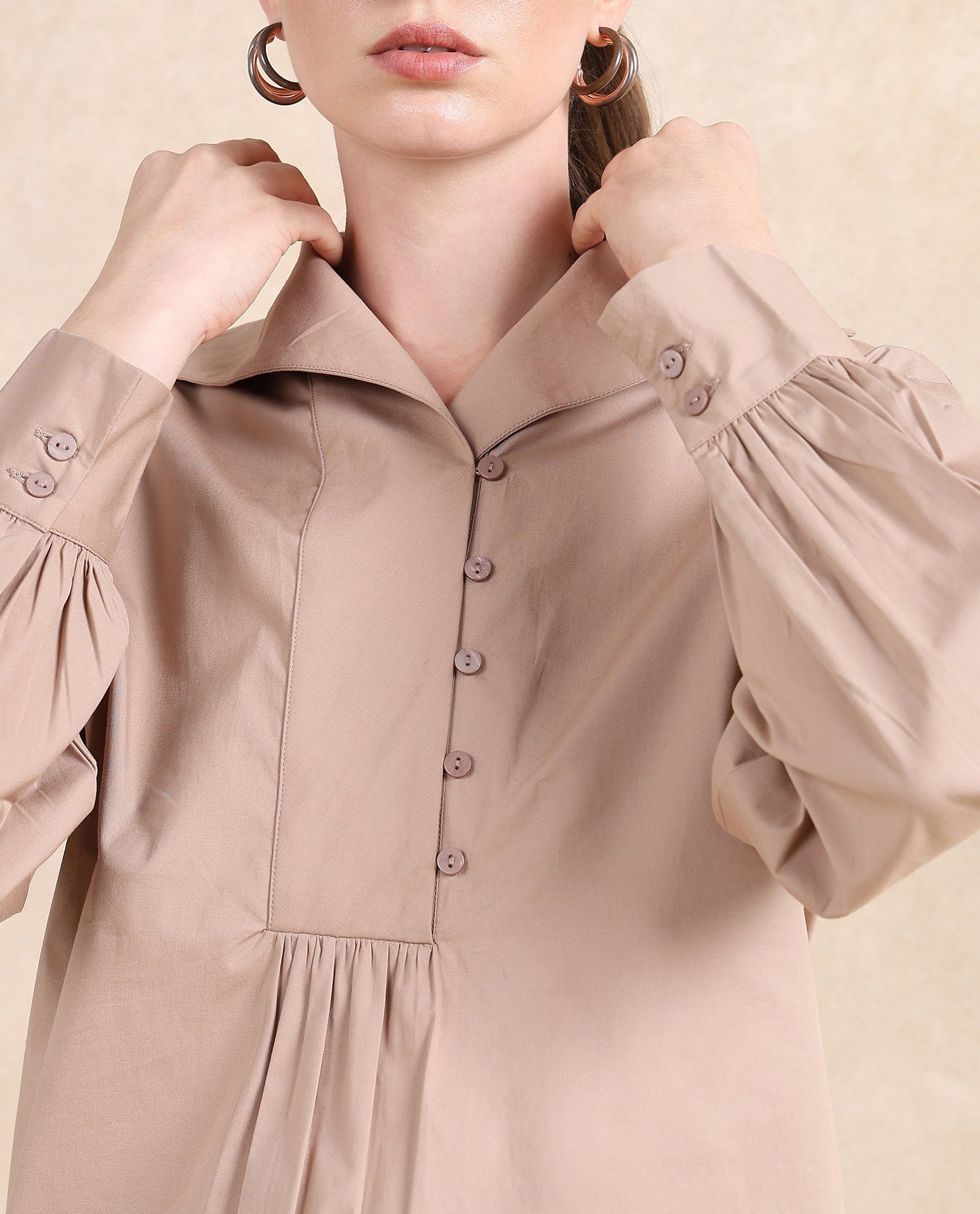 Rareism Women Zes Beige Cotton Fabric Bishop Sleeve Collared Neck Button Closure Relaxed Fit Plain Top