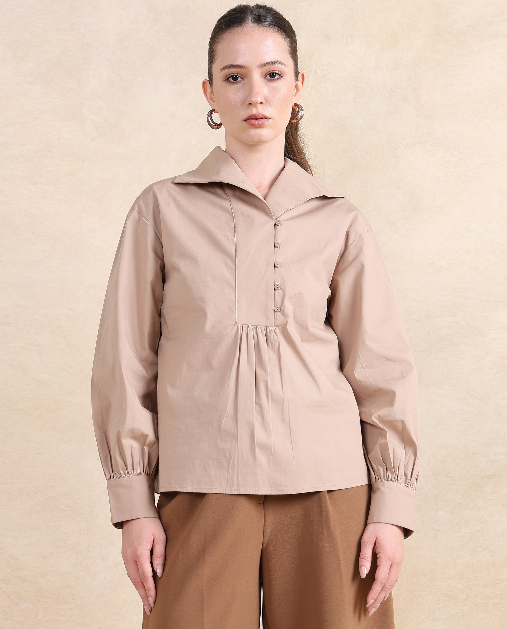 Rareism Women Zes Beige Cotton Fabric Bishop Sleeve Collared Neck Button Closure Relaxed Fit Plain Top