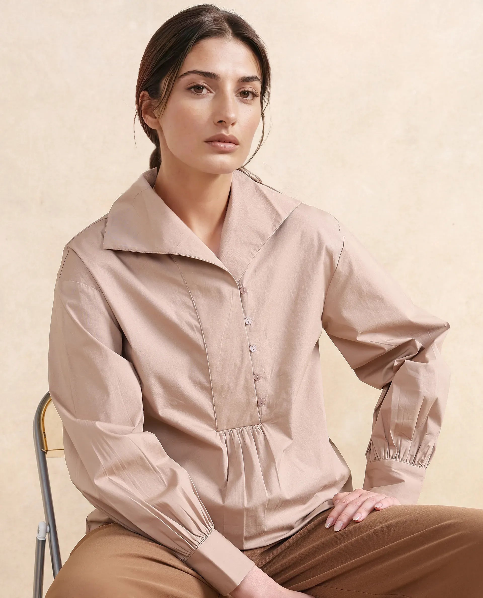 Rareism Women Zes Beige Cotton Fabric Bishop Sleeve Collared Neck Button Closure Relaxed Fit Plain Top