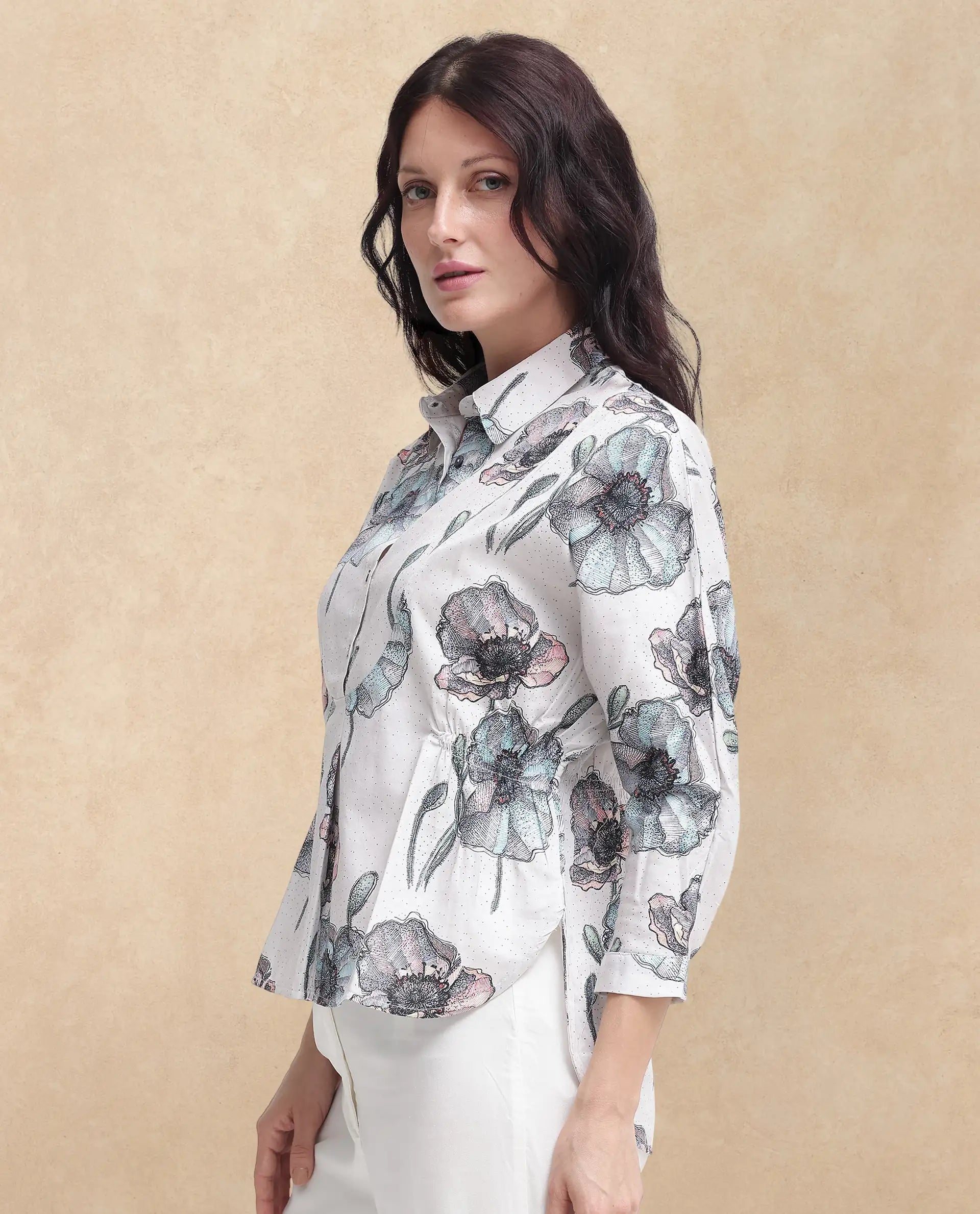 Rareism Women Zobi Multi Cotton Fabric Regular Sleeves Collared Neck  Boxy Fit Printed Top