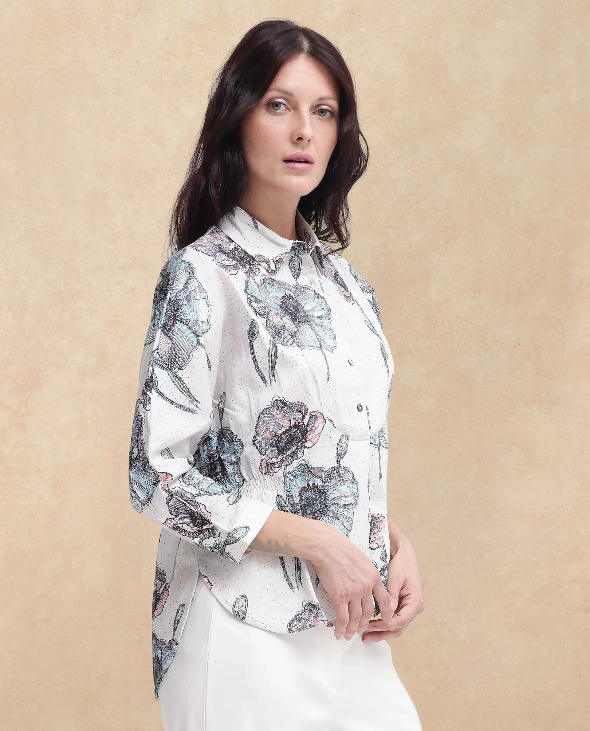 Rareism Women Zobi Multi Cotton Fabric Regular Sleeves Collared Neck  Boxy Fit Printed Top