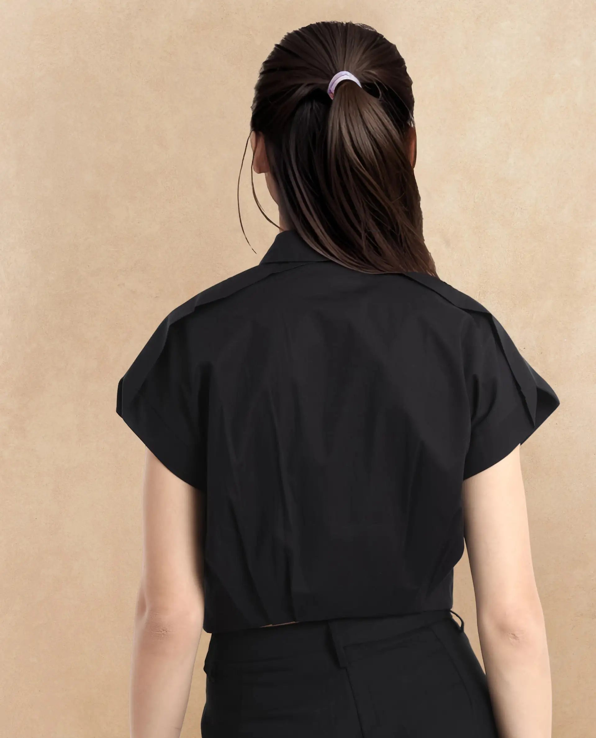 Rareism Women Zuckery Black Cotton Poly Fabric Extended Sleeves Collared Neck Zipper Closure Cropped Plain Top