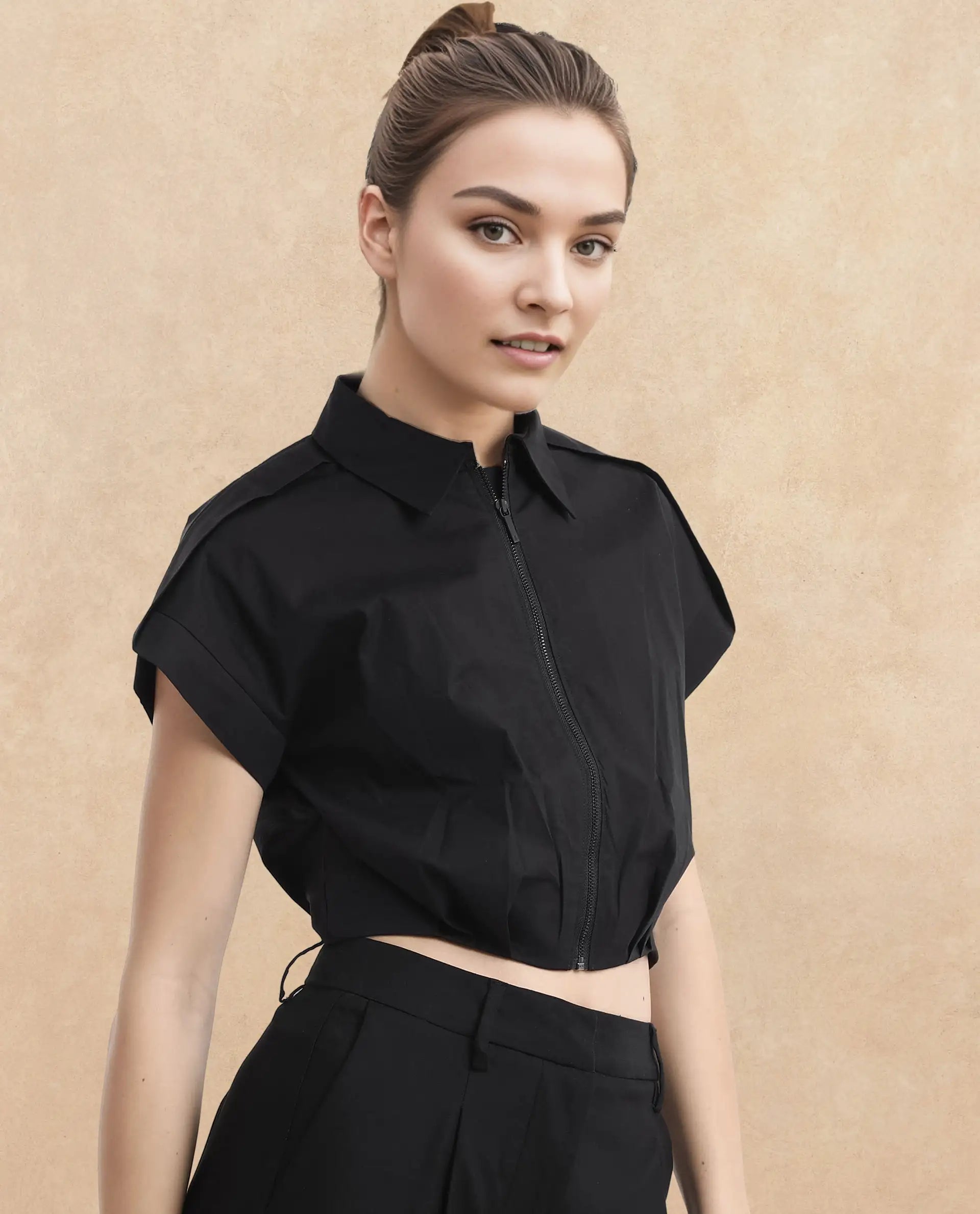 Rareism Women Zuckery Black Cotton Poly Fabric Extended Sleeves Collared Neck Zipper Closure Cropped Plain Top