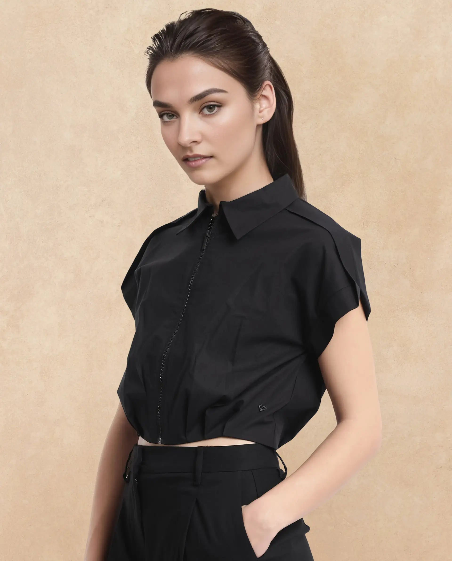 Rareism Women Zuckery Black Cotton Poly Fabric Extended Sleeves Collared Neck Zipper Closure Cropped Plain Top