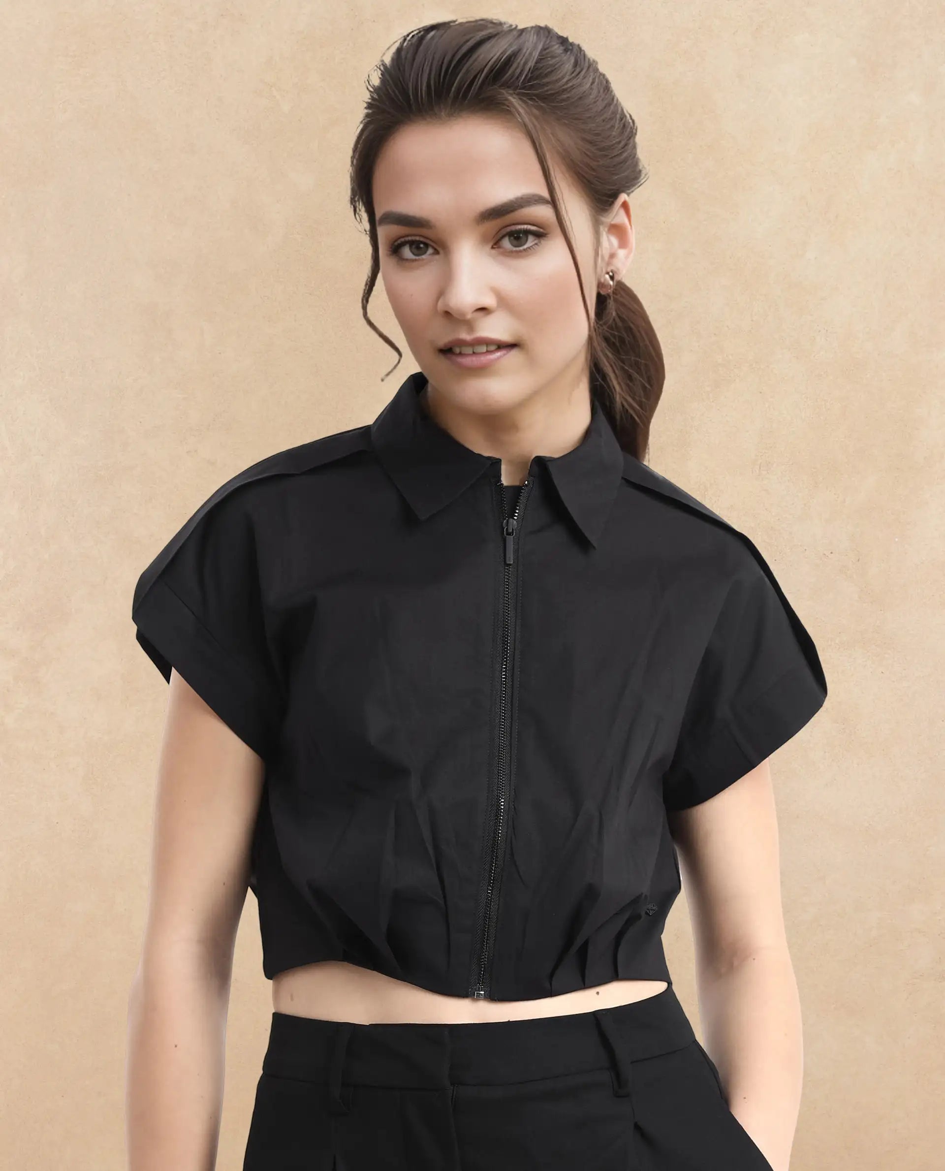 Rareism Women Zuckery Black Cotton Poly Fabric Extended Sleeves Collared Neck Zipper Closure Cropped Plain Top