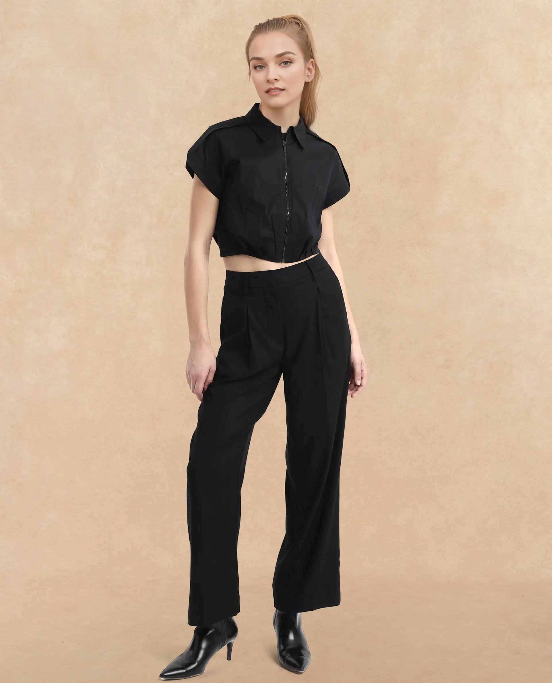 Rareism Women Zuckery Black Cotton Poly Fabric Extended Sleeves Collared Neck Zipper Closure Cropped Plain Top