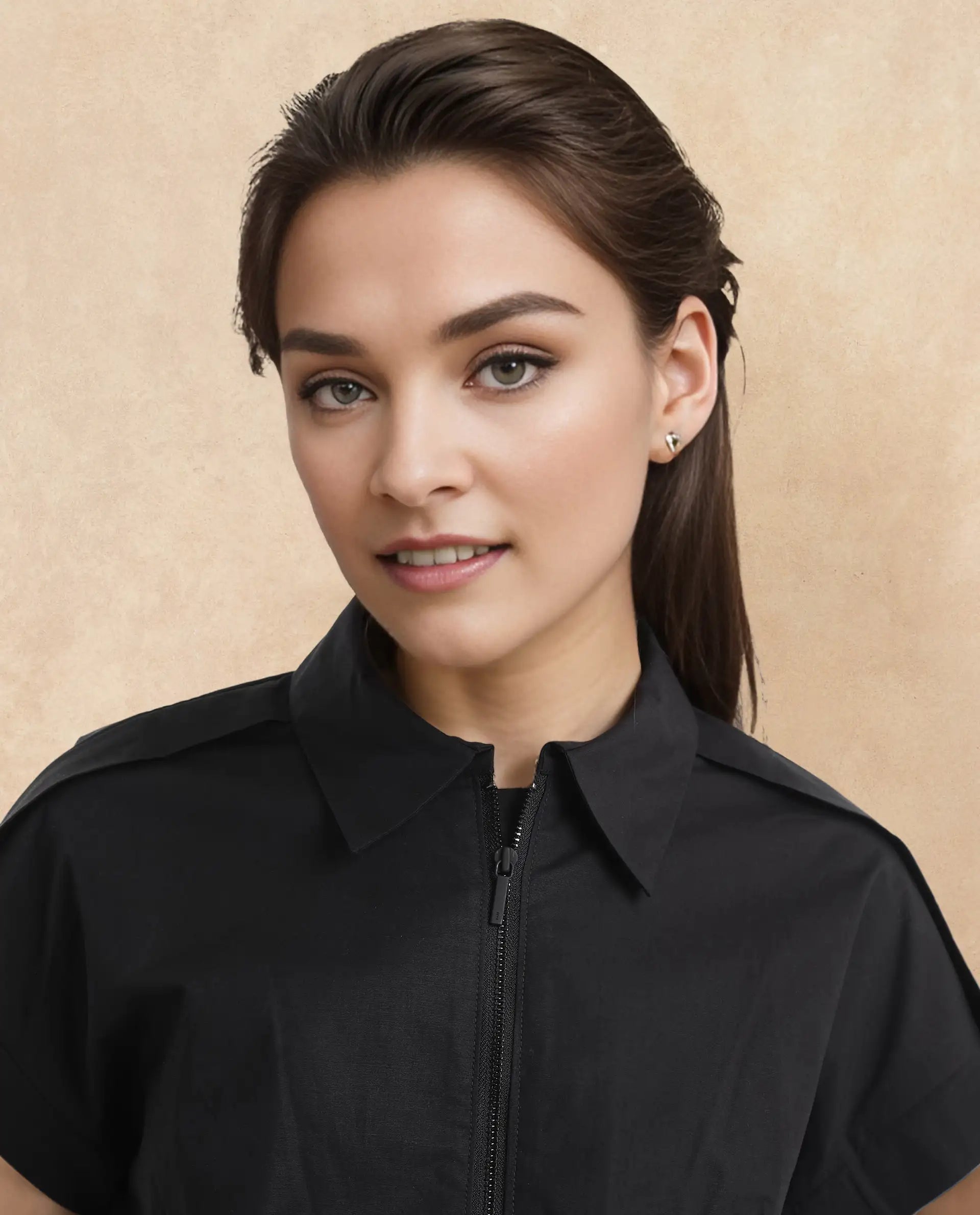 Rareism Women Zuckery Black Cotton Poly Fabric Extended Sleeves Collared Neck Zipper Closure Cropped Plain Top