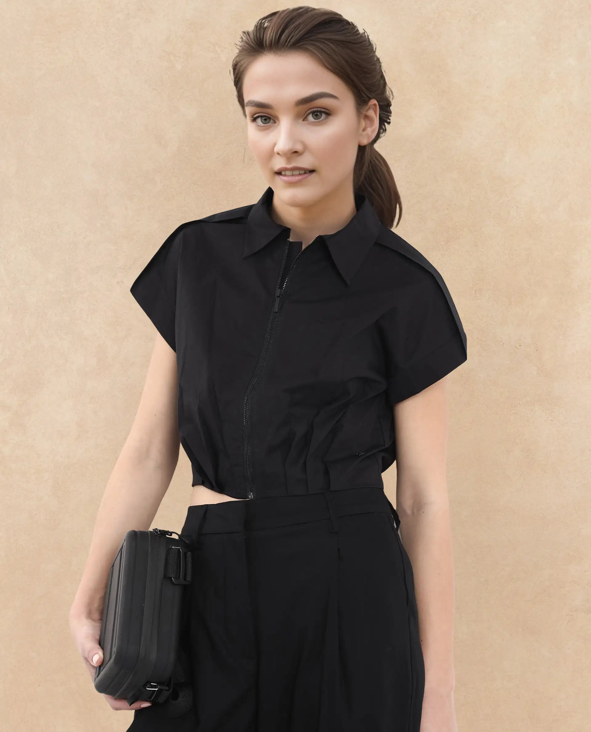 Rareism Women Zuckery Black Cotton Poly Fabric Extended Sleeves Collared Neck Zipper Closure Cropped Plain Top