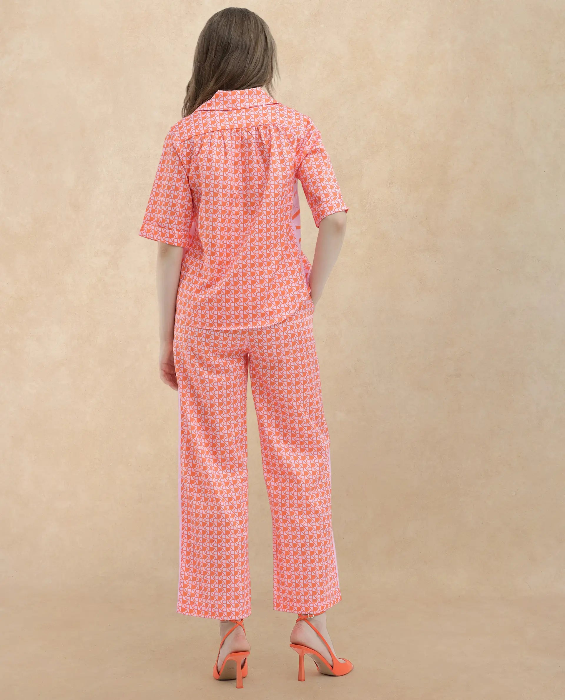 Rareism Women Zyon-T Pink Cotton Fabric Short Sleeves Johnny Collar Regular Fit Monogram Top