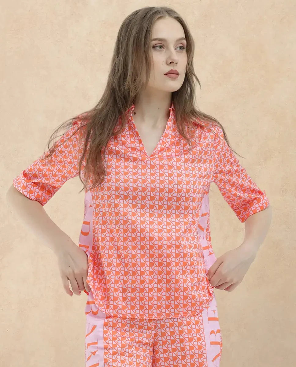 Rareism Women Zyon-T Pink Cotton Fabric Short Sleeves Johnny Collar Regular Fit Monogram Top