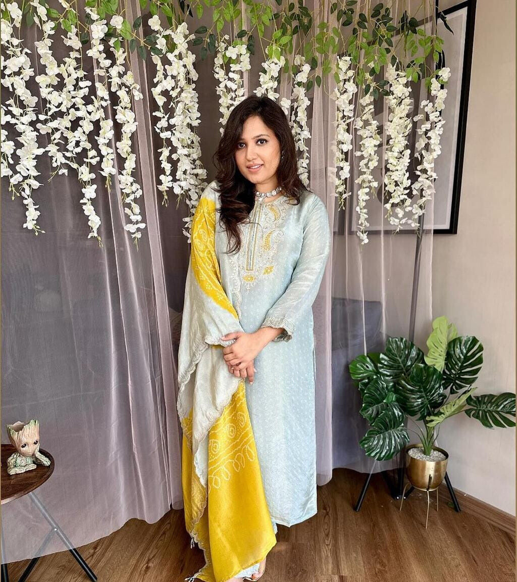 Pastel Blue Embroidered Silk Suit Set with Dupatta
