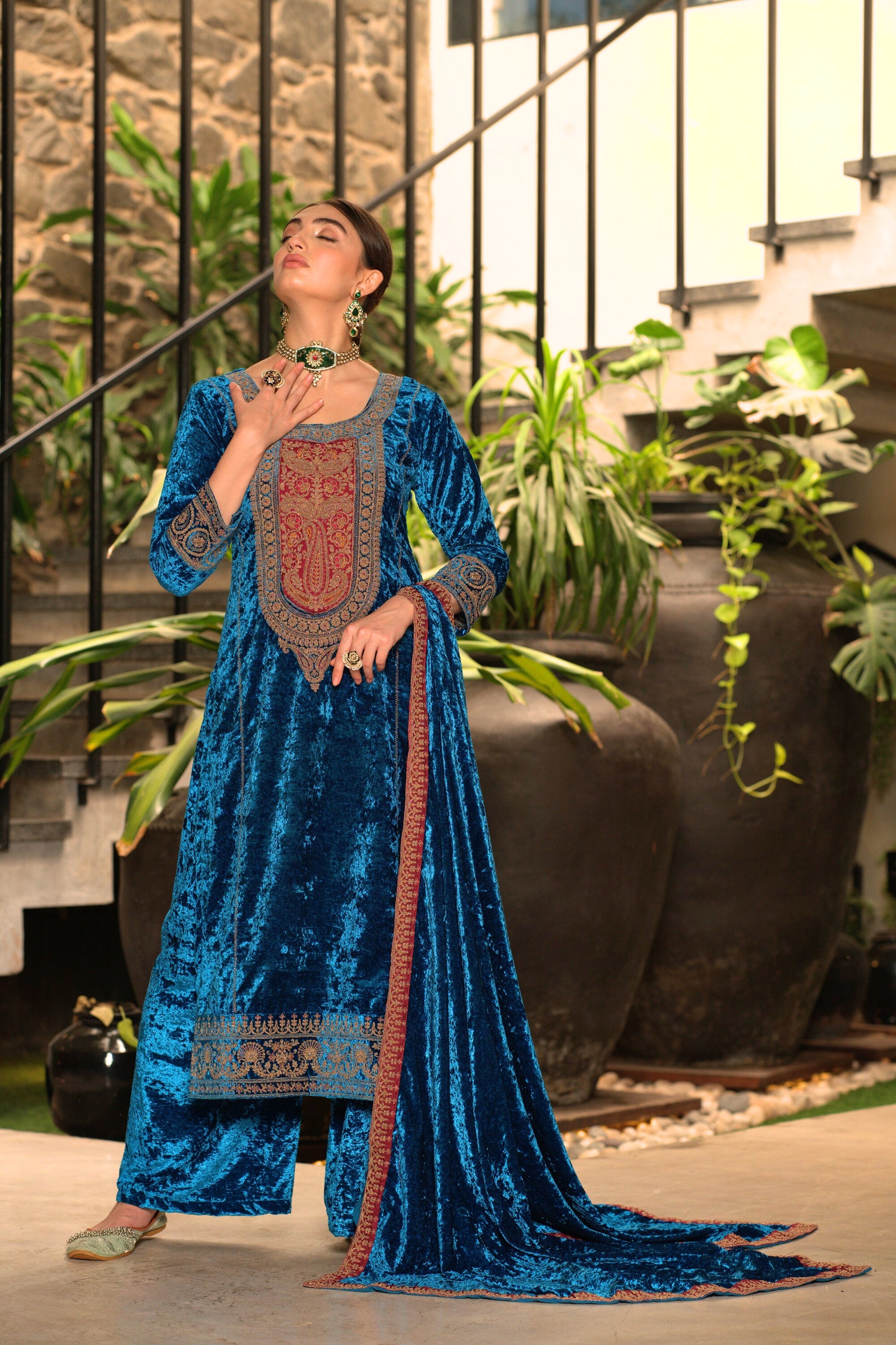 Blue Designer Velvet Pakistani Suit Set