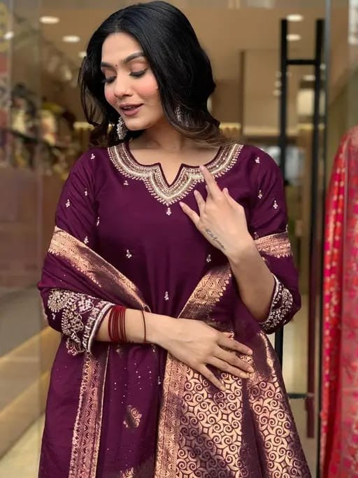 Wine Embroidered Silk Suit Set with Dupatta